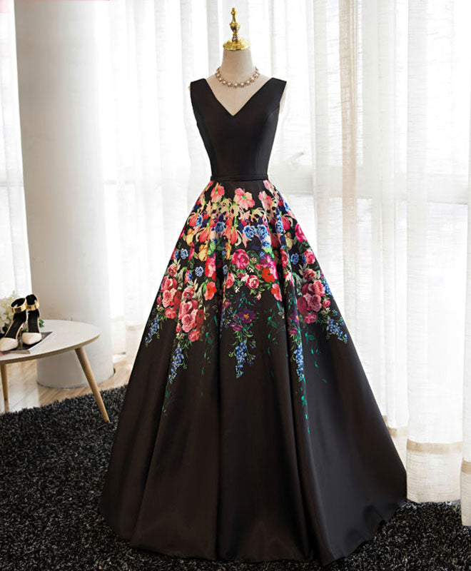 Elegant Black V-Neck Floral Long Prom Dress | Formal Evening Gown for Homecoming, Wedding & Special Occasions