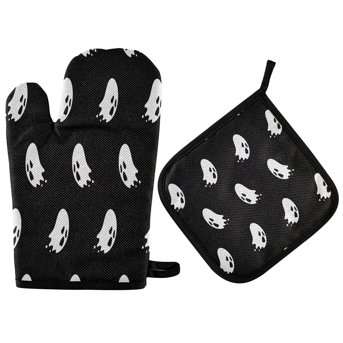 Spooky Ghost Halloween Oven Mitts & Pot Holders Set - 2-Piece Non-Slip Heat Resistant Kitchen Gloves with Trivet Mats for Baking, BBQ, Cooking - Perfect for Halloween Decor & Kitchen Safety