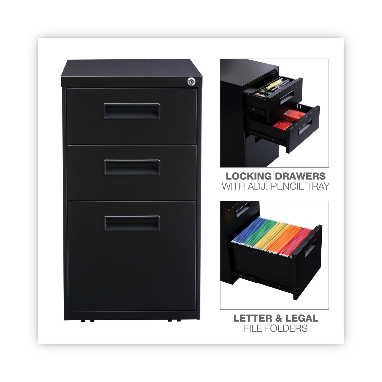 Alera® 3-Drawer File Pedestal - Left or Right Opening, Legal/Letter Size, Black Office Organizer - Perfect for Home & Office Workspaces (14.96