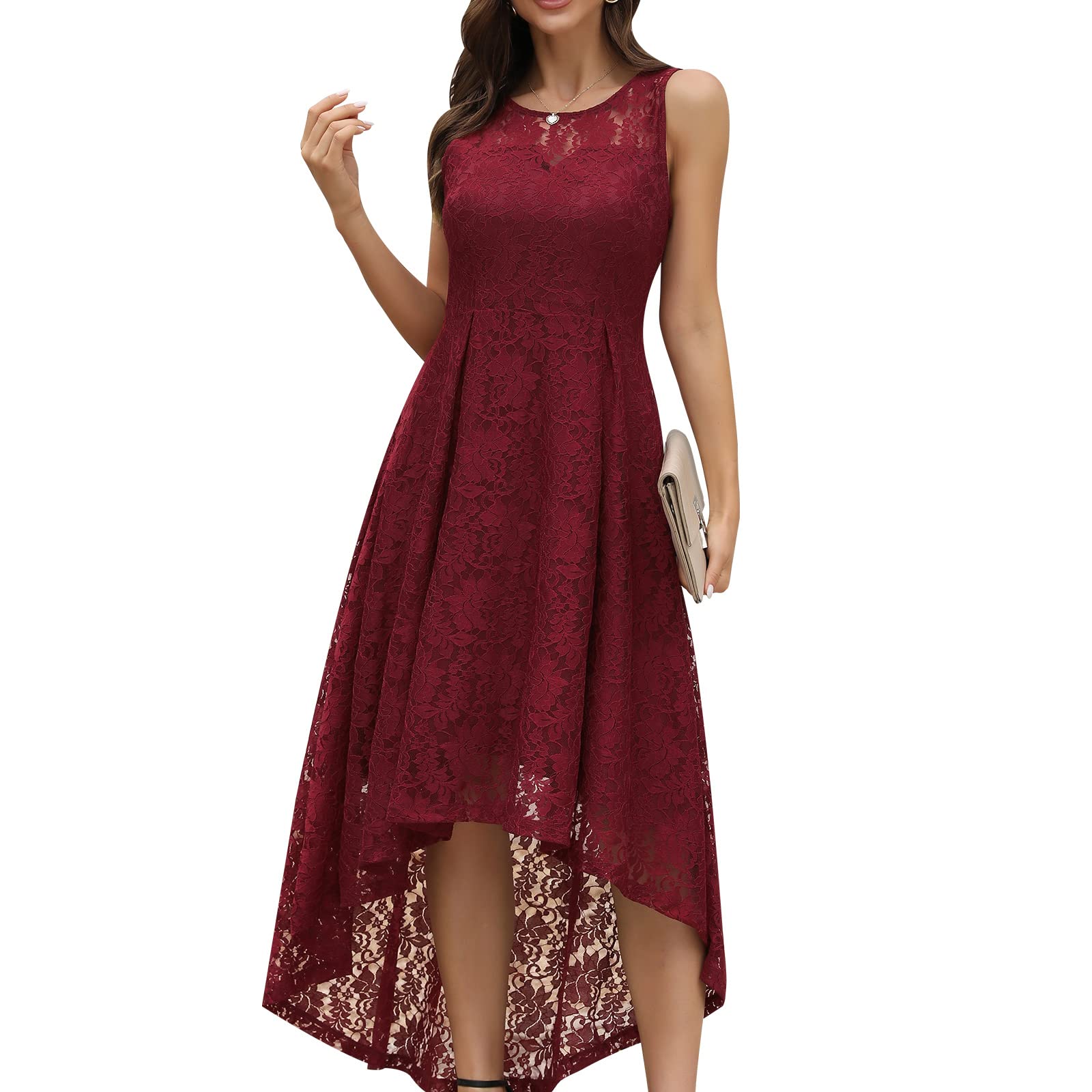 Elegant Women's Cocktail Dress for Bridesmaid, Wedding Guest, Evening Party - Hi-Lo Lace Swing Ball Gown | Perfect for Formal Events, Prom, and Special Occasions
