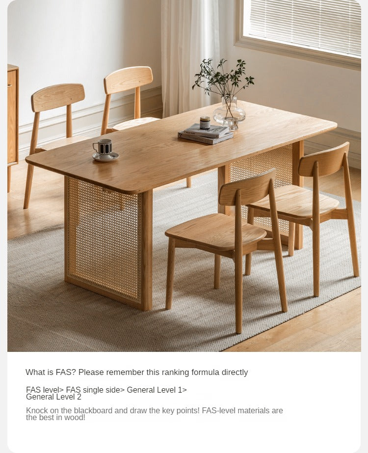 Solid Oak Wood Rattan Dining Table - Rustic Farmhouse Style for Indoor and Outdoor Use