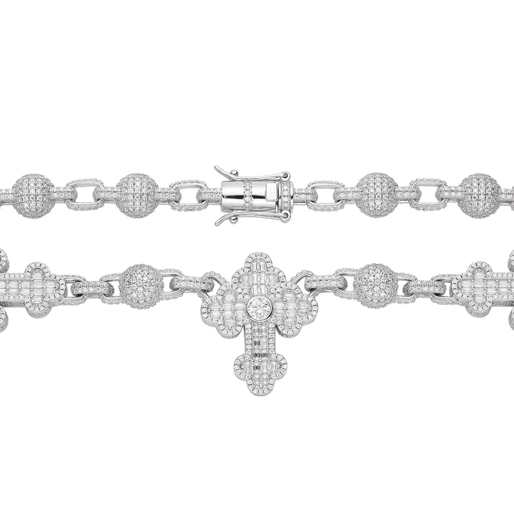 Moissanite Bead Cross Rosary Chain - Silver Baguette Cut Religious Jewelry for Prayer, Meditation & Spiritual Gifts