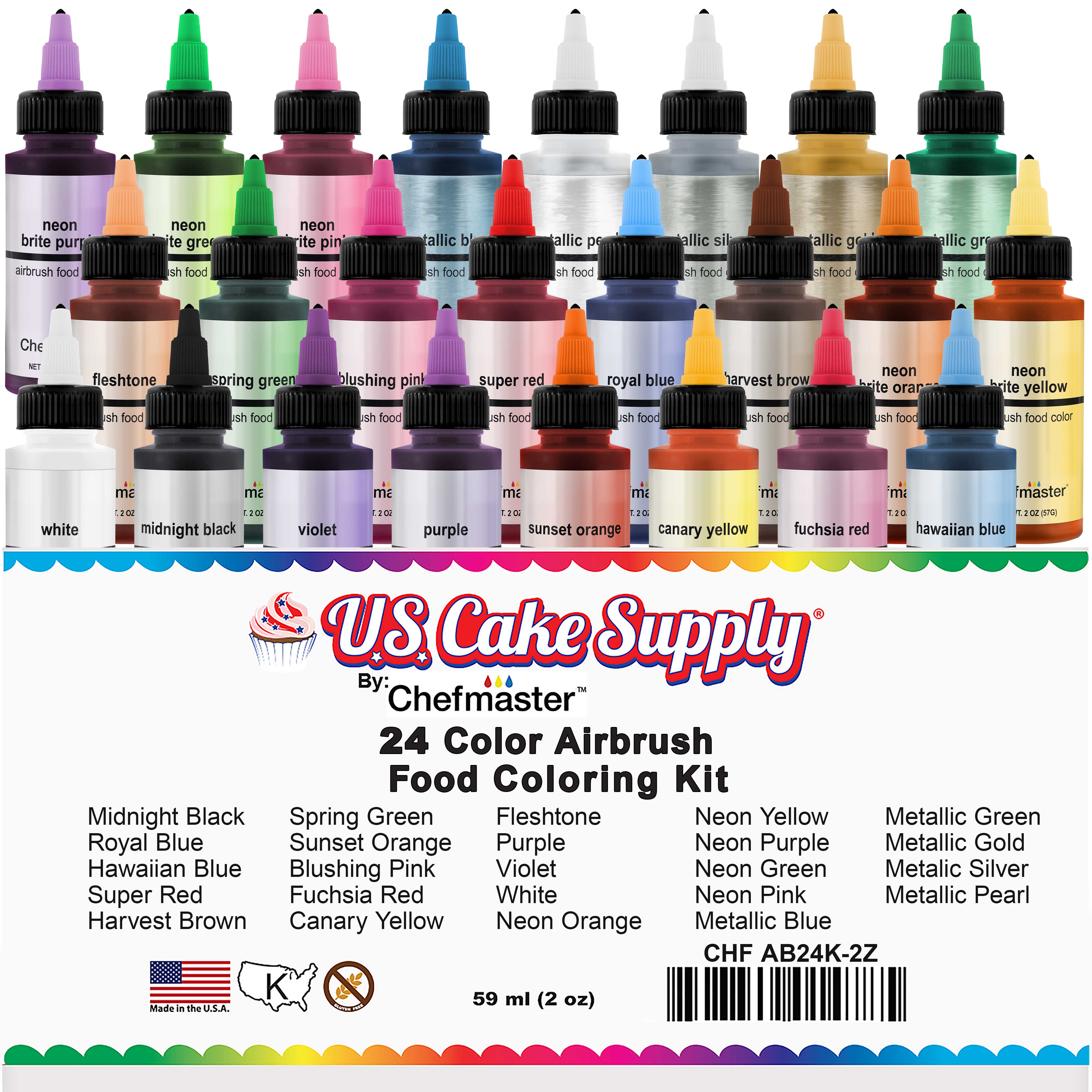 24 Color Deluxe Airbrush Cake Color Kit - 2 oz Bottles for Professional Baking, Cake Decorating, and Edible Art - Perfect for Wedding Cakes, Birthday Cakes, and Custom Desserts
