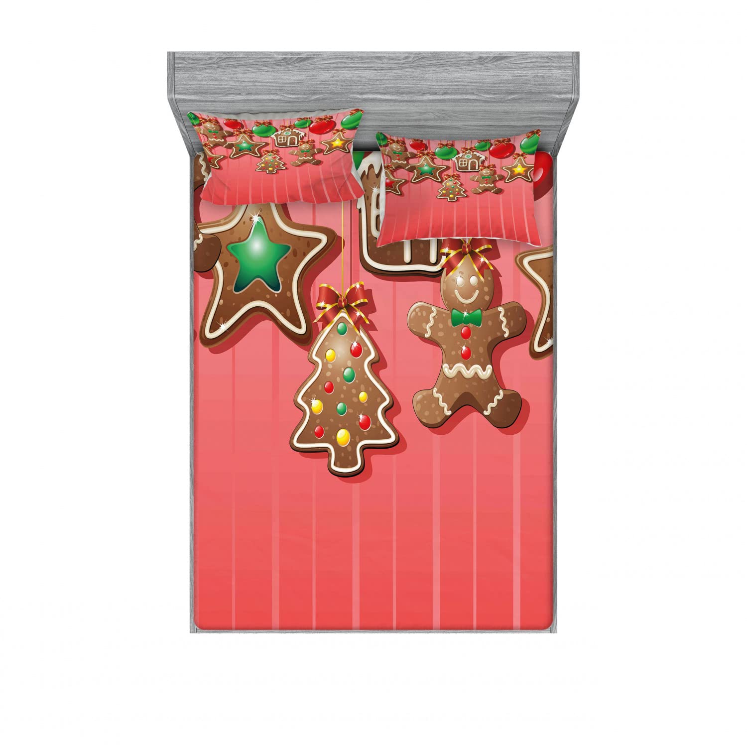 Ambesonne Gingerbread Man 2-Pack Fitted Sheet & Pillow Sham Set - 4 Piece Christmas Bedding Decor with 2 Twin XL Fitted Sheets & 4 Pillow Covers - Festive Holiday Home Decor for Kids Room & Guest Bedroom
