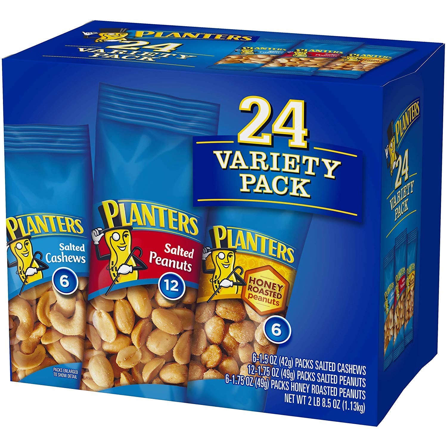 PLANTERS Variety Packs (Salted Cashews, Salted Peanuts & Honey Roasted Peanuts) - 24 Individual Snack Packs | Perfect for Office, Travel & On-the-Go Healthy Snacking | Bulk Mixed Nuts for Work, School & Outdoor Activities