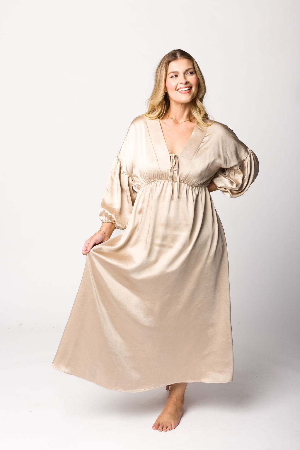 Hunter Premium Satin Midi Dress in Champagne - Bump Friendly Maternity Dress for Special Occasions & Pregnancy Photoshoots