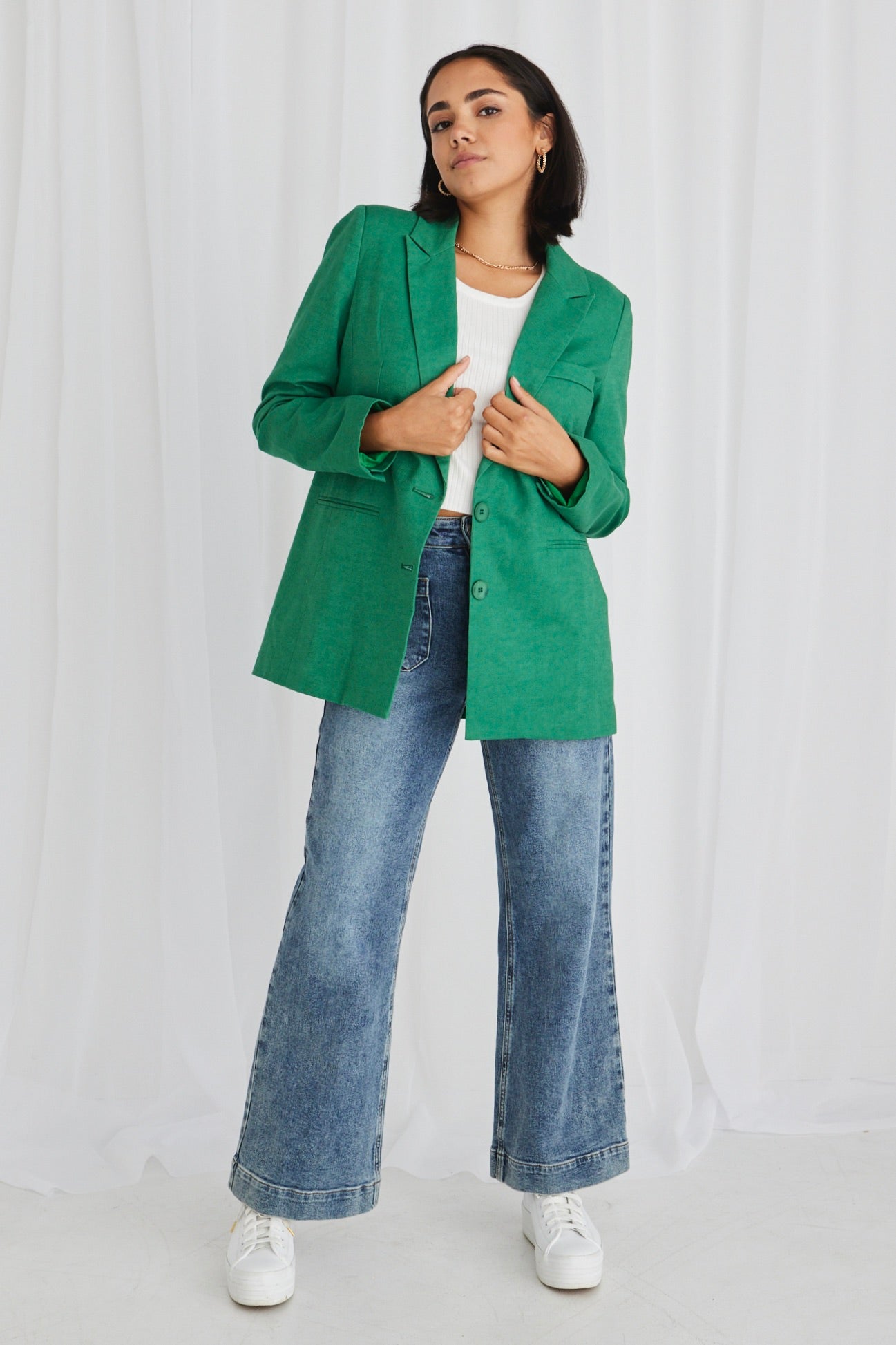 Stylish Demi Palm Green Linen Single Breasted Longline Blazer for Women - Perfect for Office Wear, Business Meetings & Spring Fashion