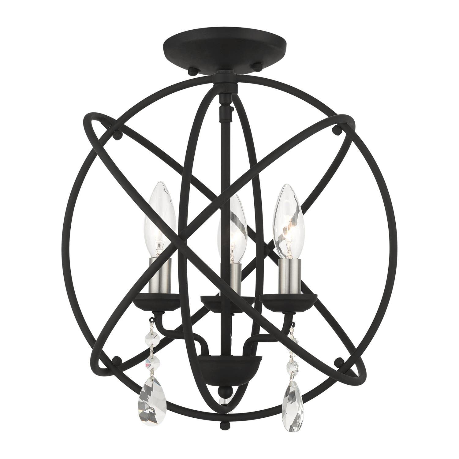 Livex Lighting Aria Convertible Pendant Chandelier/Semi-Flush Mount Light Fixture - Black with Satin Nickel Candles for Dining Room, Bedroom or Entryway Lighting