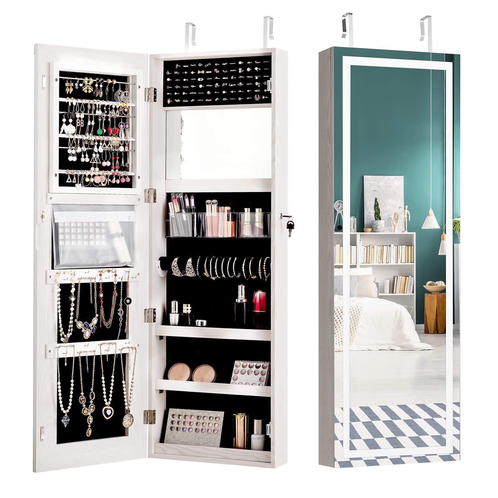 COSTWAY Wall-Mounted Jewelry Armoire with Full-Length LED Mirror | Lockable Jewelry Storage Cabinet with Large Organizer | White Jewelry Organizer for Bedroom & Living Room | Perfect for Closet Organization & Vanity Makeup Area