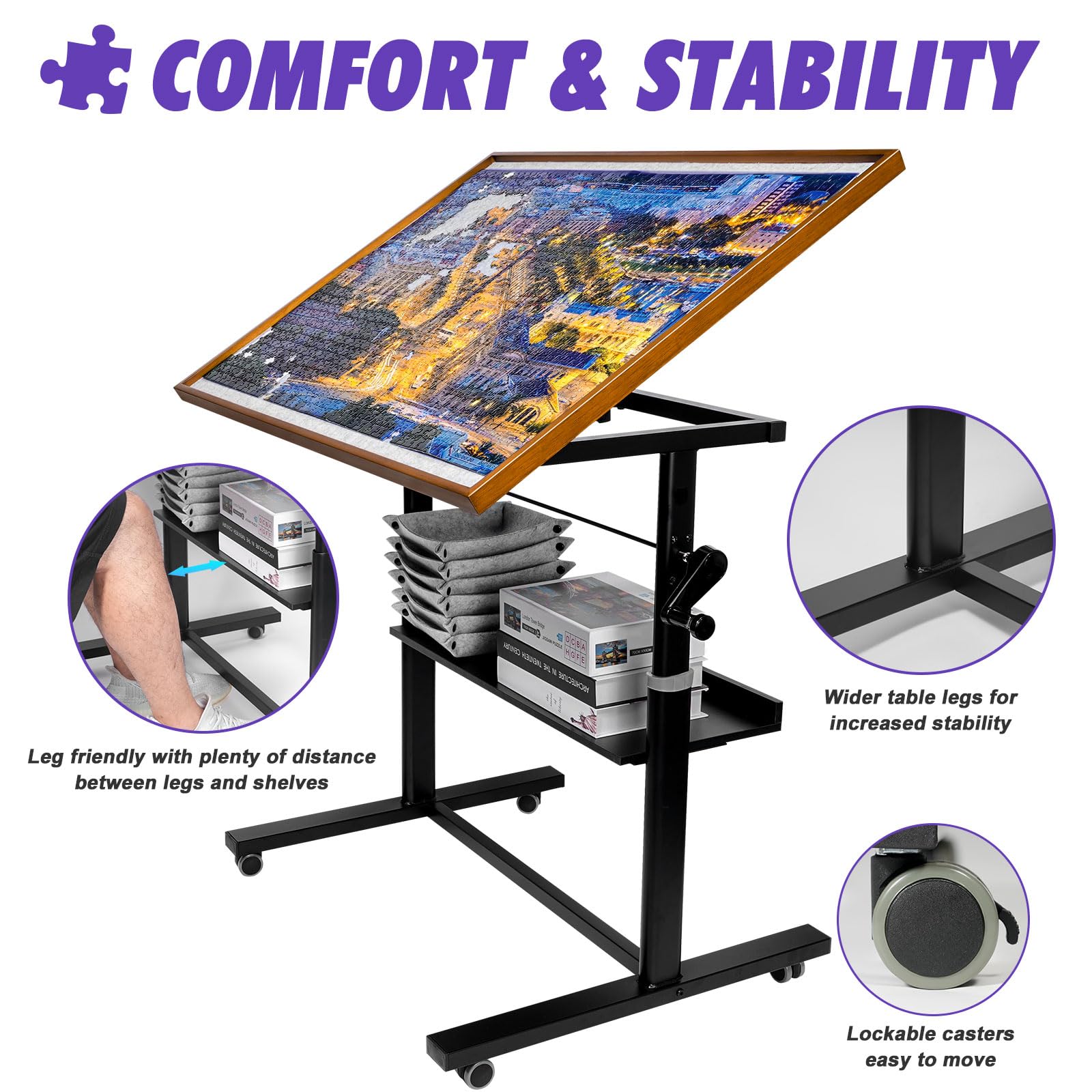 Sunix Adjustable Jigsaw Puzzle Table with Legs & Wheels - 12-Tilting-Angle Puzzle Board for 1500 Pieces, Includes Protector Mat & 6 Sorting Trays - Perfect for Family Game Nights & Educational Activities (Kids & Adults)