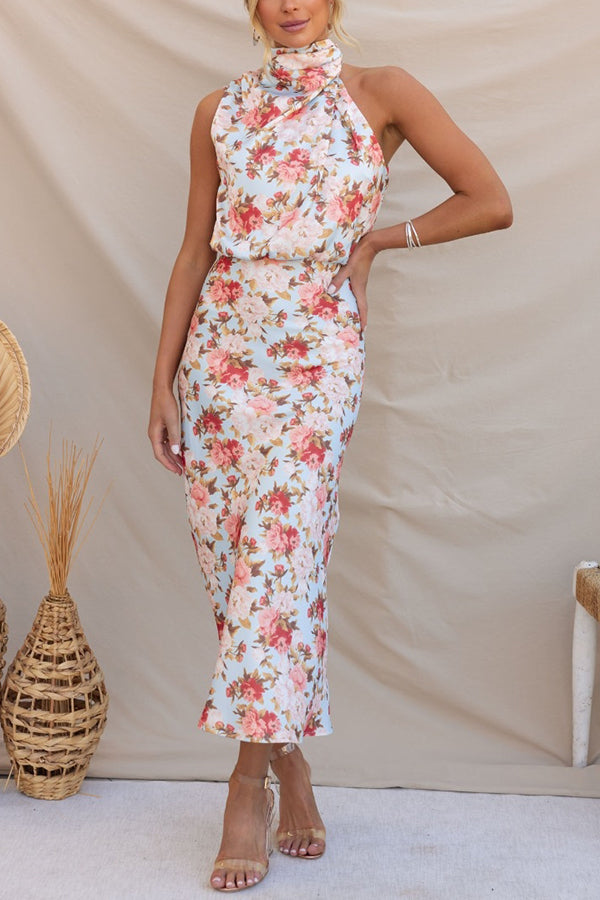 Floral Halter Neck Maxi Dress with Elastic Waist - Perfect for Wine Country Dates, Summer Weddings & Beach Vacations