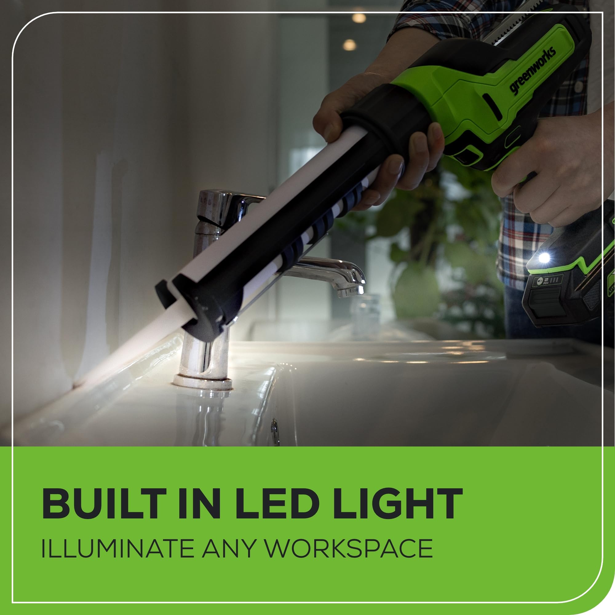 Greenworks 24V Cordless 10 oz. Caulk & Adhesive Gun - 6-Speed Adjustable with Anti-Drip Technology, Includes 2Ah USB Battery & 2A Fast Charger - Perfect for Home Repairs, DIY Projects, and Professional Construction Work