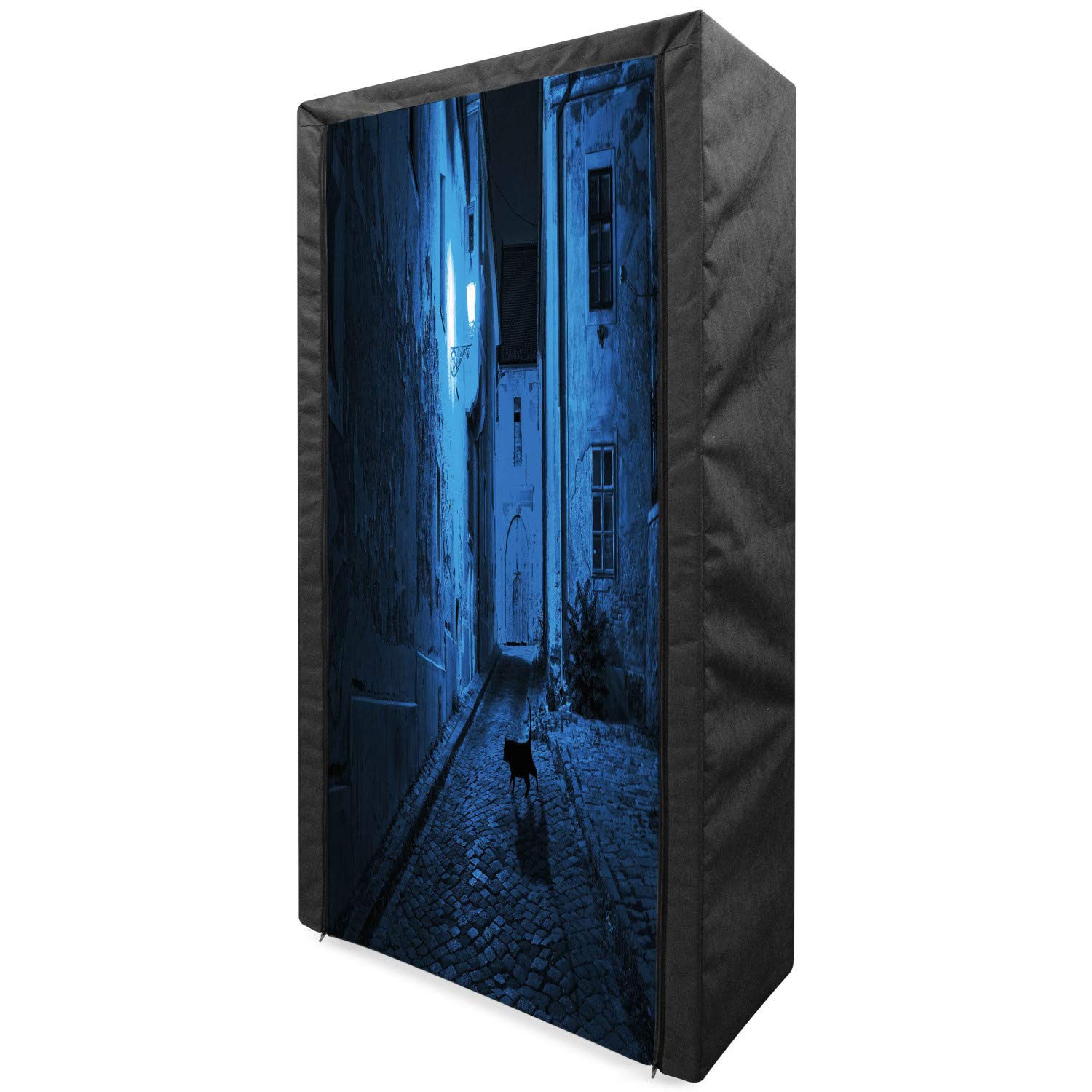 Ambesonne Urban Portable Fabric Wardrobe - Black Cat in Deserted European Alley Night Scene | 33.5