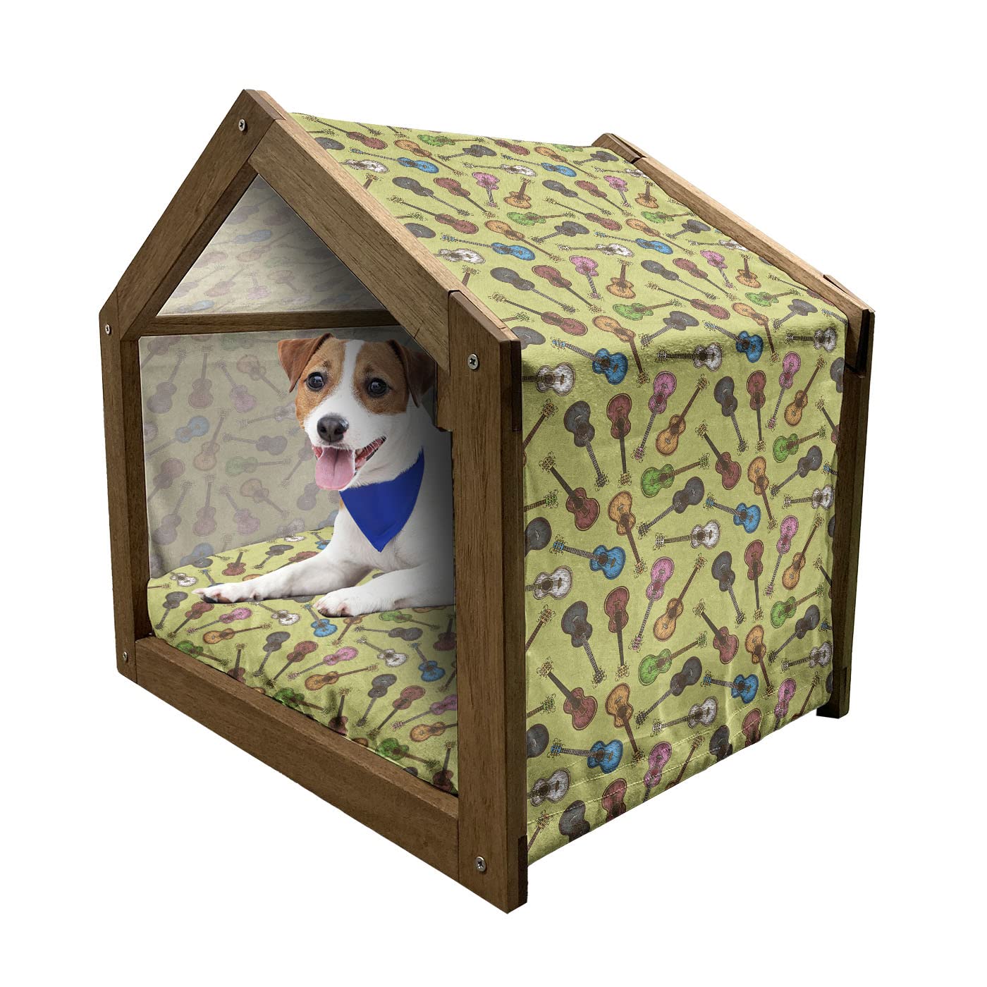 Ambesonne Wooden Guitar-Shaped Pet House - Colorful Acoustic Guitar Design with Swirled Strings, Indoor & Outdoor Portable Dog Kennel with Pillow & Cover - Perfect for Small Dogs & Cats - Great for Living Rooms, Patios & Pet-Friendly Spaces
