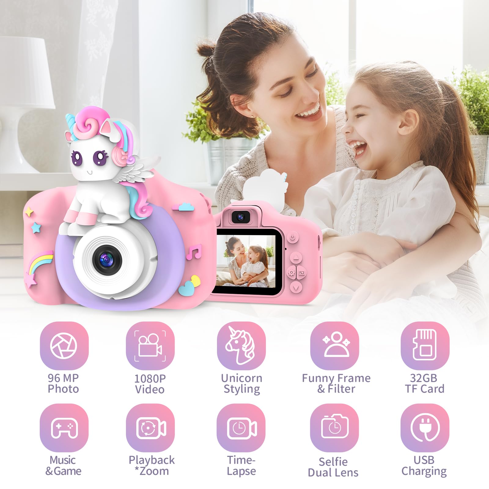 **Unicorn Kids Camera 1080P HD Digital Video Camera - Best Birthday Gift for Girls & Boys Ages 3-12, Selfie Camera Toy with 32GB SD Card - Perfect for Travel, Parties & Creative Play**
