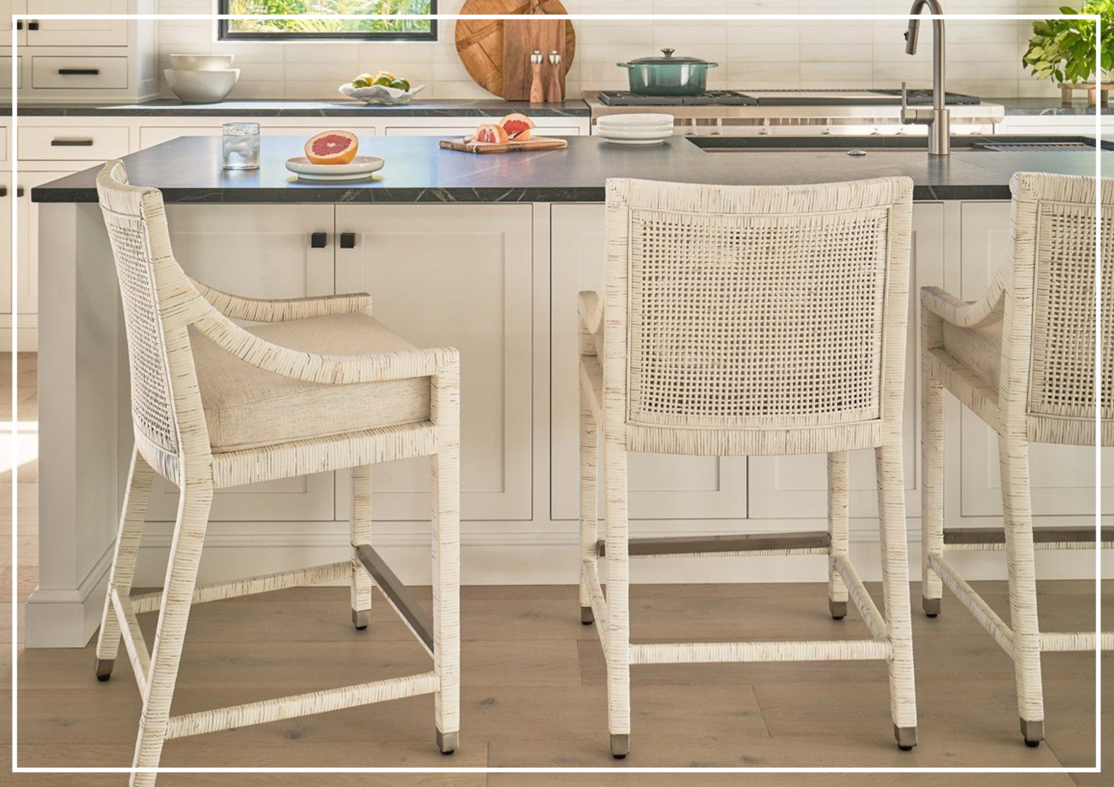Universal Furniture Longboat White Counter Chair with Rattan Finish - Stylish Bar Stool for Kitchen Island, Breakfast Nook & Dining Room Decor