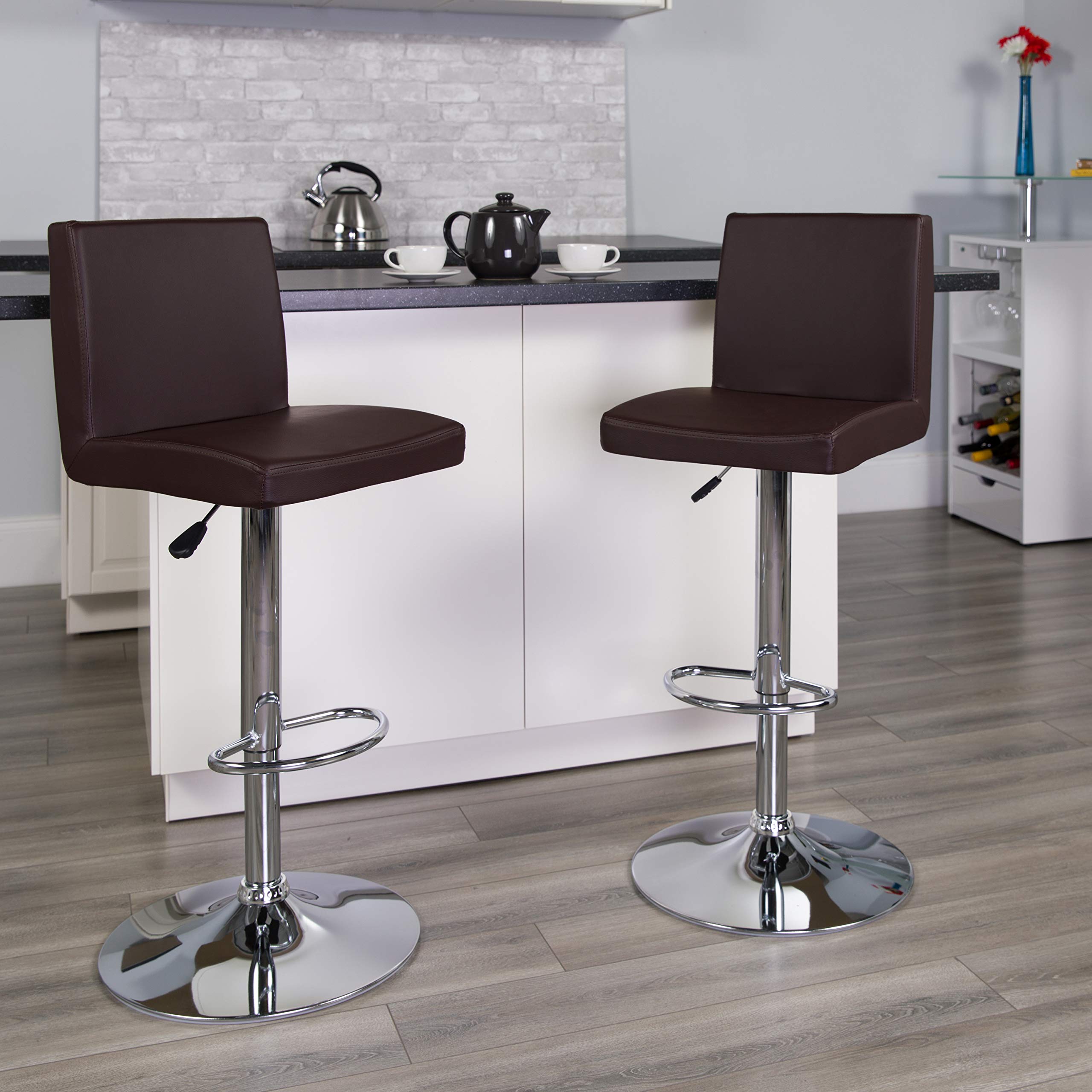 Brown Vinyl Adjustable Height Bar Stool with Panel Back - Perfect for Kitchen Islands, Breakfast Bars & Home Decor