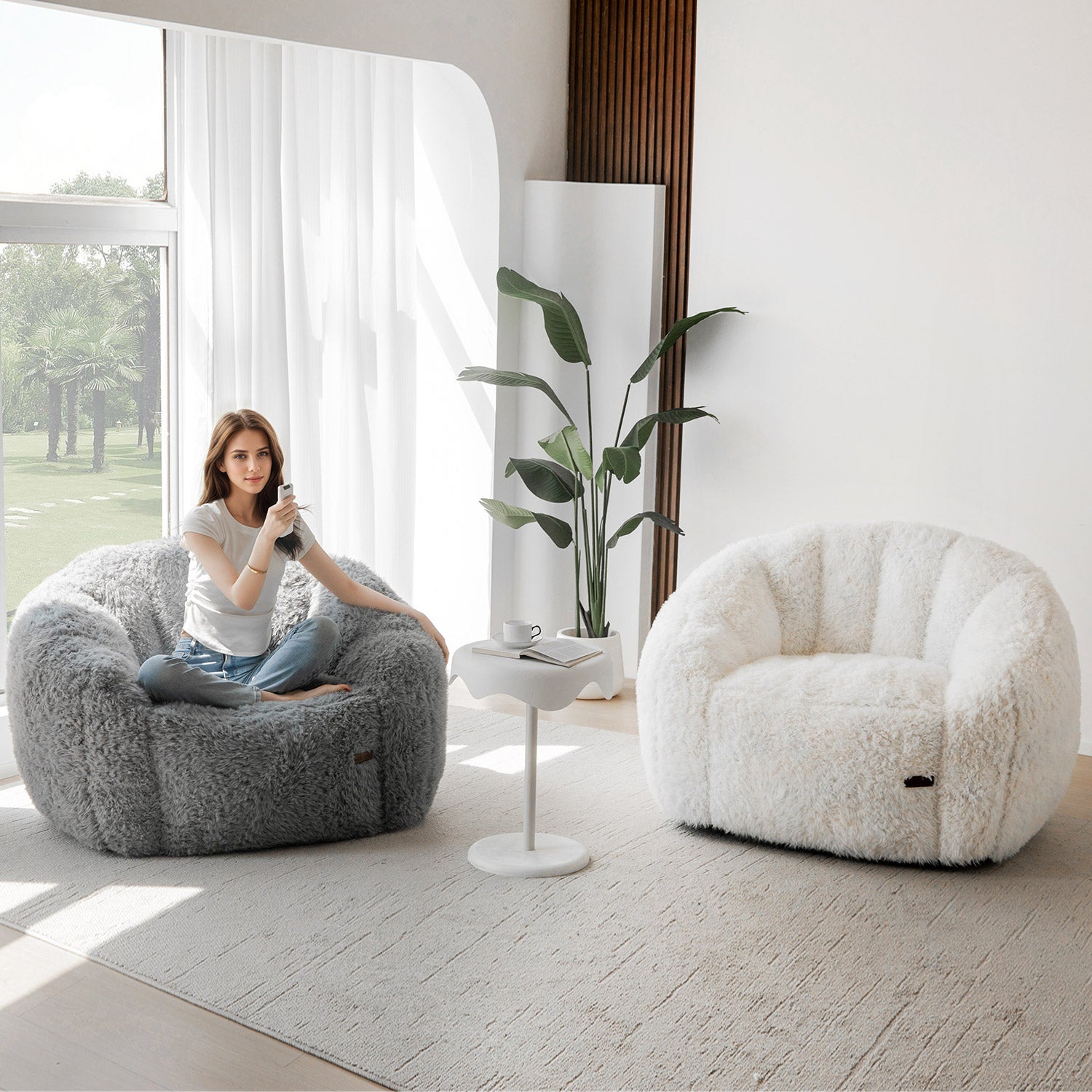 MAXYOYO Giant Bean Bag Chair - Fluffy Shaggy Floor Sofa with Shell Design for Ultimate Comfort, Grey - Perfect for Living Room, Bedroom, Game Room & Dorm Relaxation