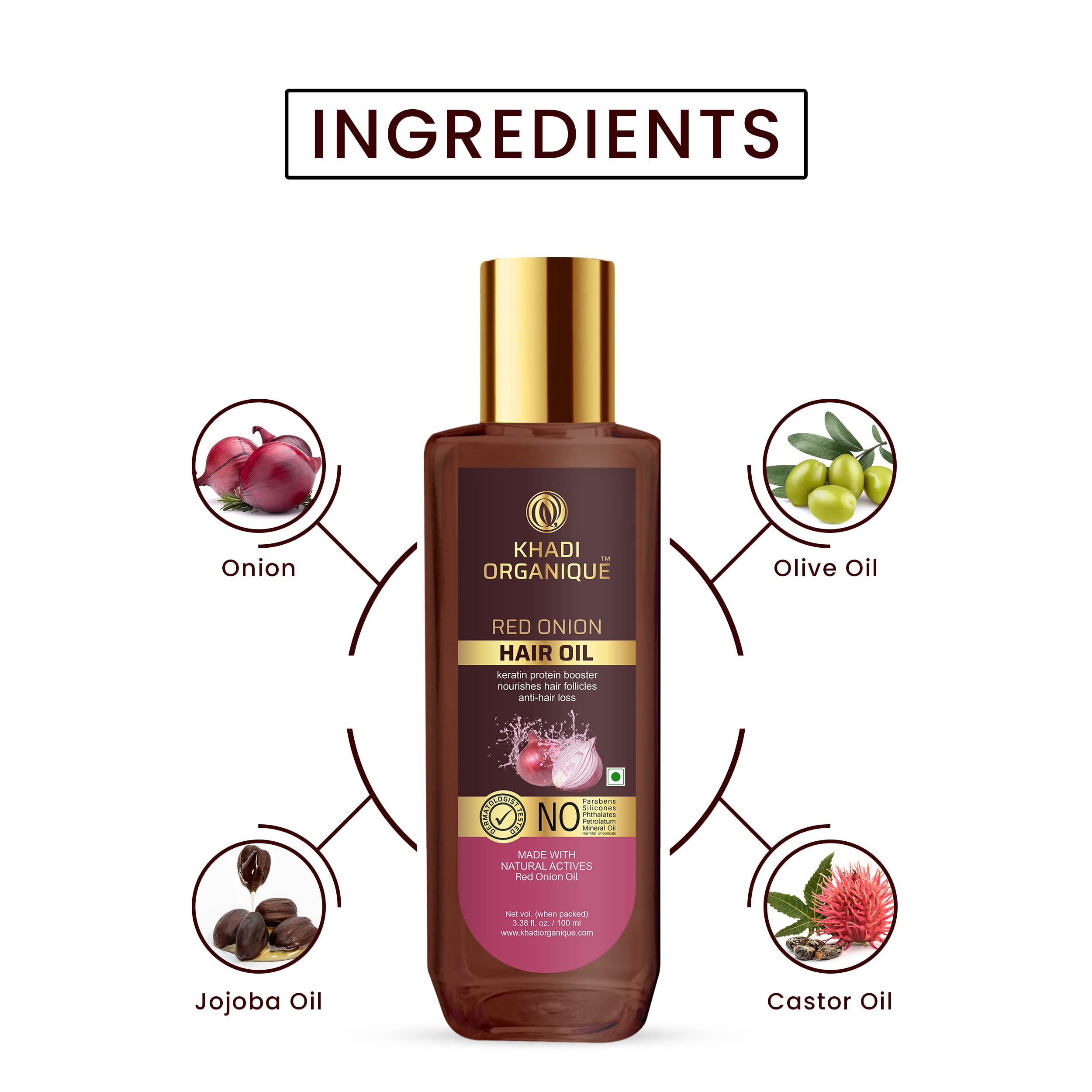 Khadi Organique Red Onion Hair Oil for Hair Growth & Hair Fall Control - 100ml | SLS & Paraben Free | Promotes Stronger, Thicker Hair | Perfect for Daily Scalp Massage & Hair Care Routine