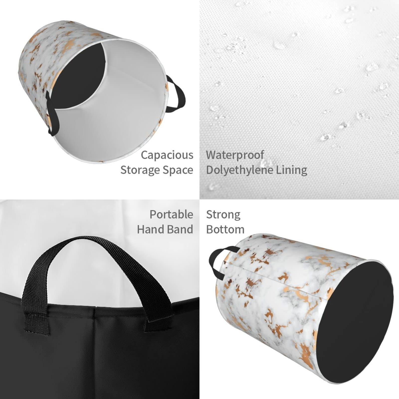 Collapsible Laundry Hamper with Handles - Foldable Clothes Basket for Bedroom, Bathroom & Dorm - White Marble Pattern Storage Bin for Dirty Clothes, Toys & Organizing - Easy Carry Laundry Bag for Home & Travel