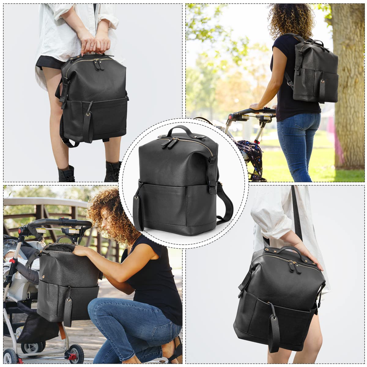 Minsong Fashion Leather Diaper Backpack with Changing Station - Waterproof Baby Bag Organizer for Travel, Hospital & Daily Use - Perfect Diaper Bag for Moms & Dads (Black)
