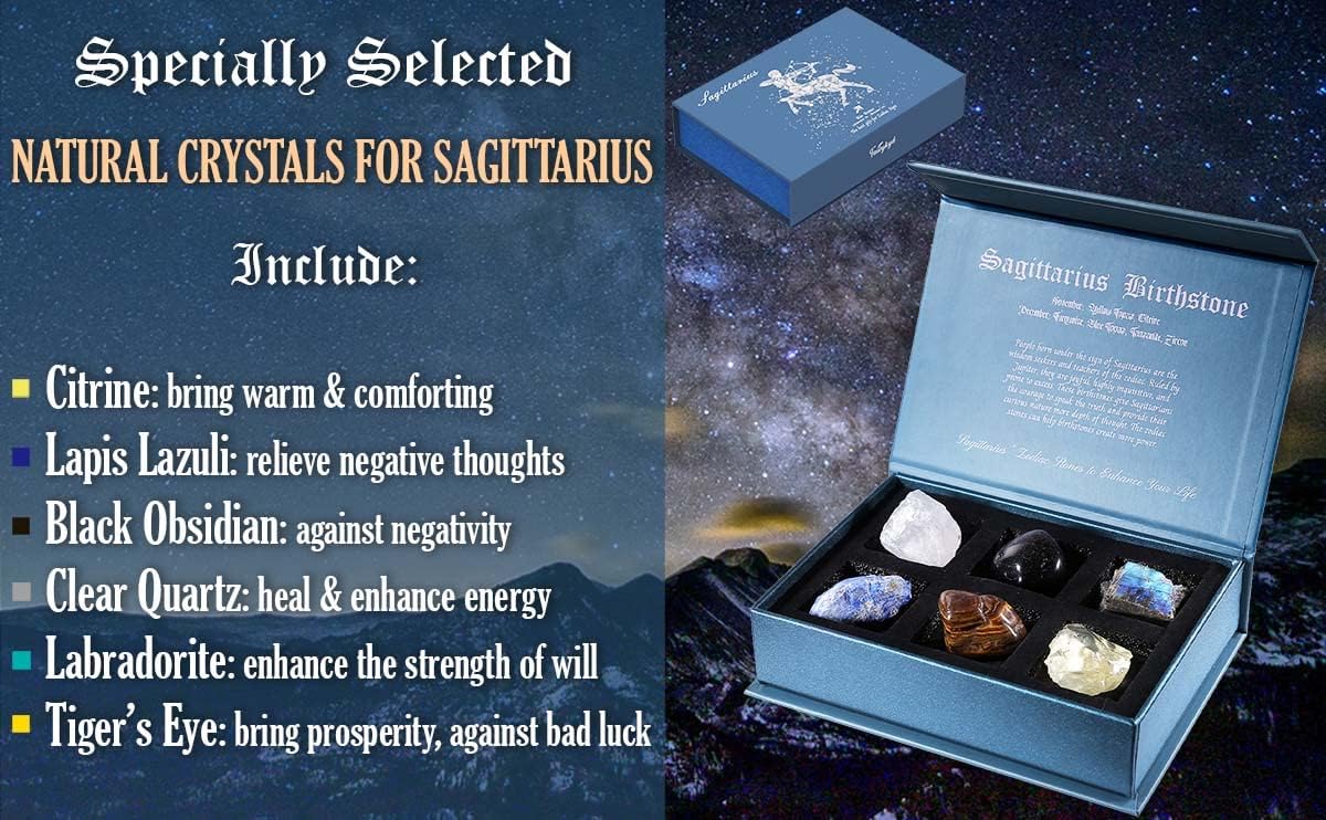 Sagittarius Birthday Gift Set with 6 Healing Crystals & 50 Daily Affirmation Cards - Natural Stones with Inspirational Quotes, Spiritual Gifts for Women - Perfect for Meditation, Yoga & Positive Energy Boosting