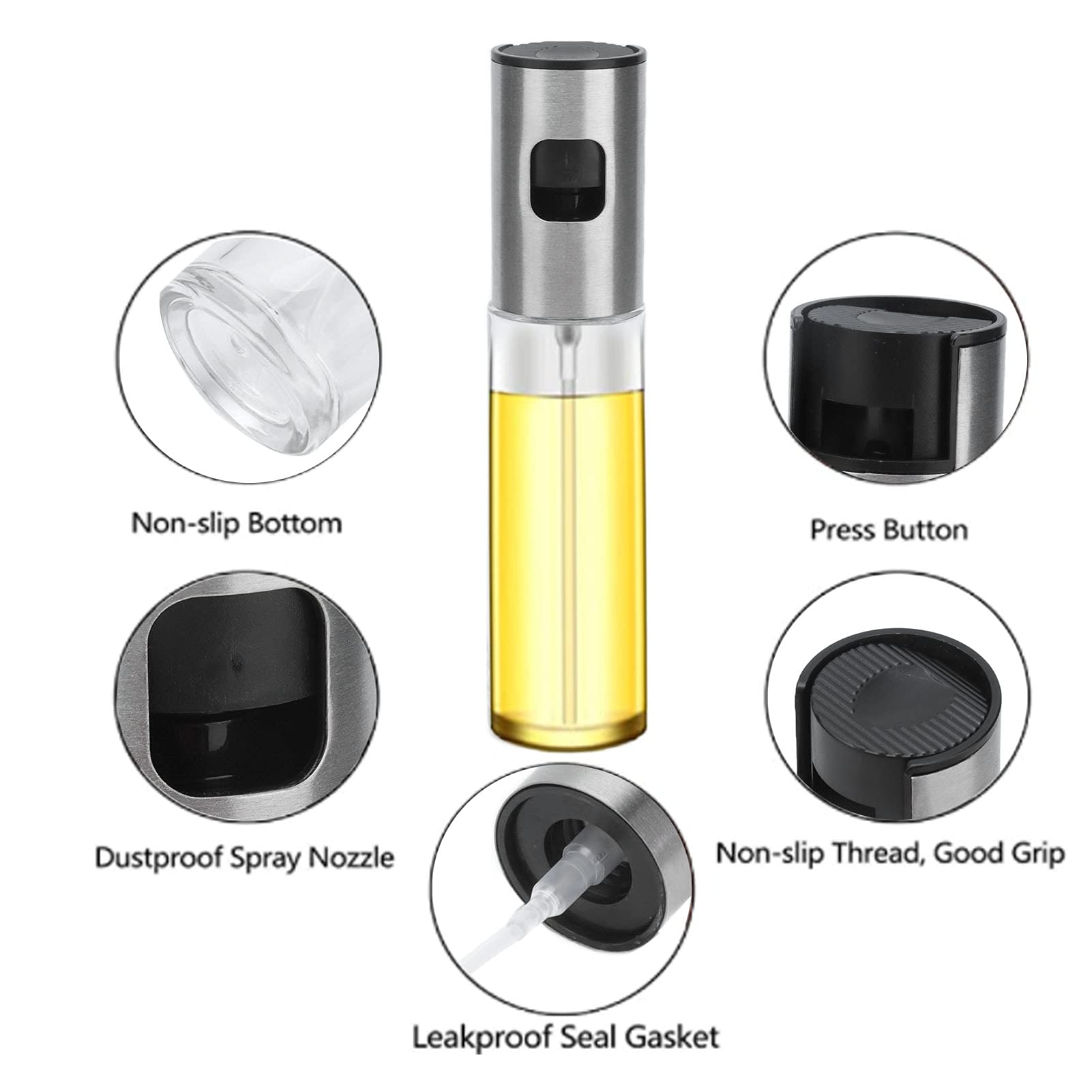 Stainless Steel Oil Sprayer Bottle 100ml - Push Type Olive Oil Sprayer for Kitchen, Cooking, Baking & Salad Dressing - Perfect for Home, Restaurant & Healthy Meal Prep