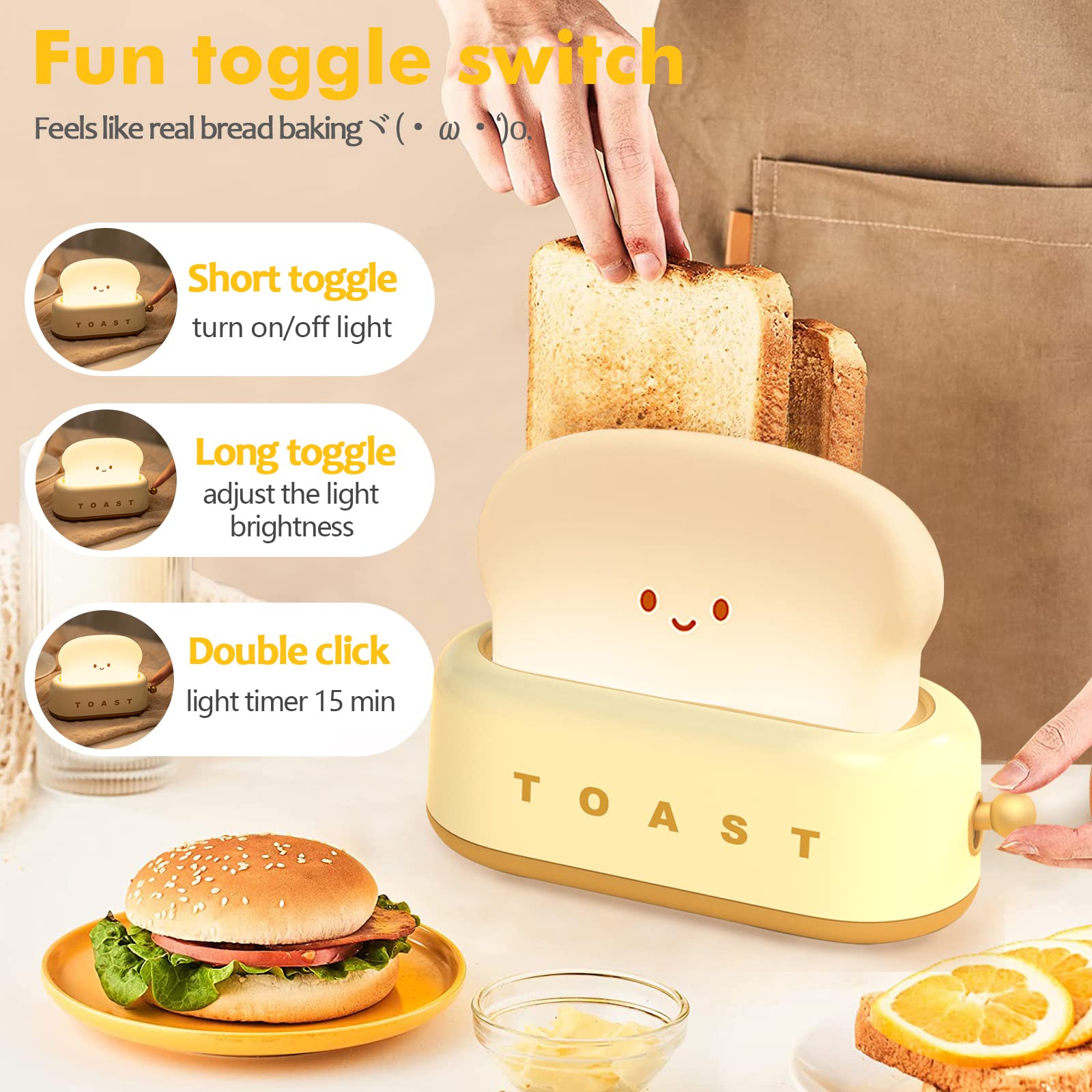 QANYI Small Table Lamp - Cute Toast Bread LED Night Light with Timer & Rechargeable Battery, Warm White Bedside Lamp for Kids Room, Nursery, Dorm - Perfect Birthday Gift for Boys & Girls (Home Decor, Reading Light, Nightstand Companion)