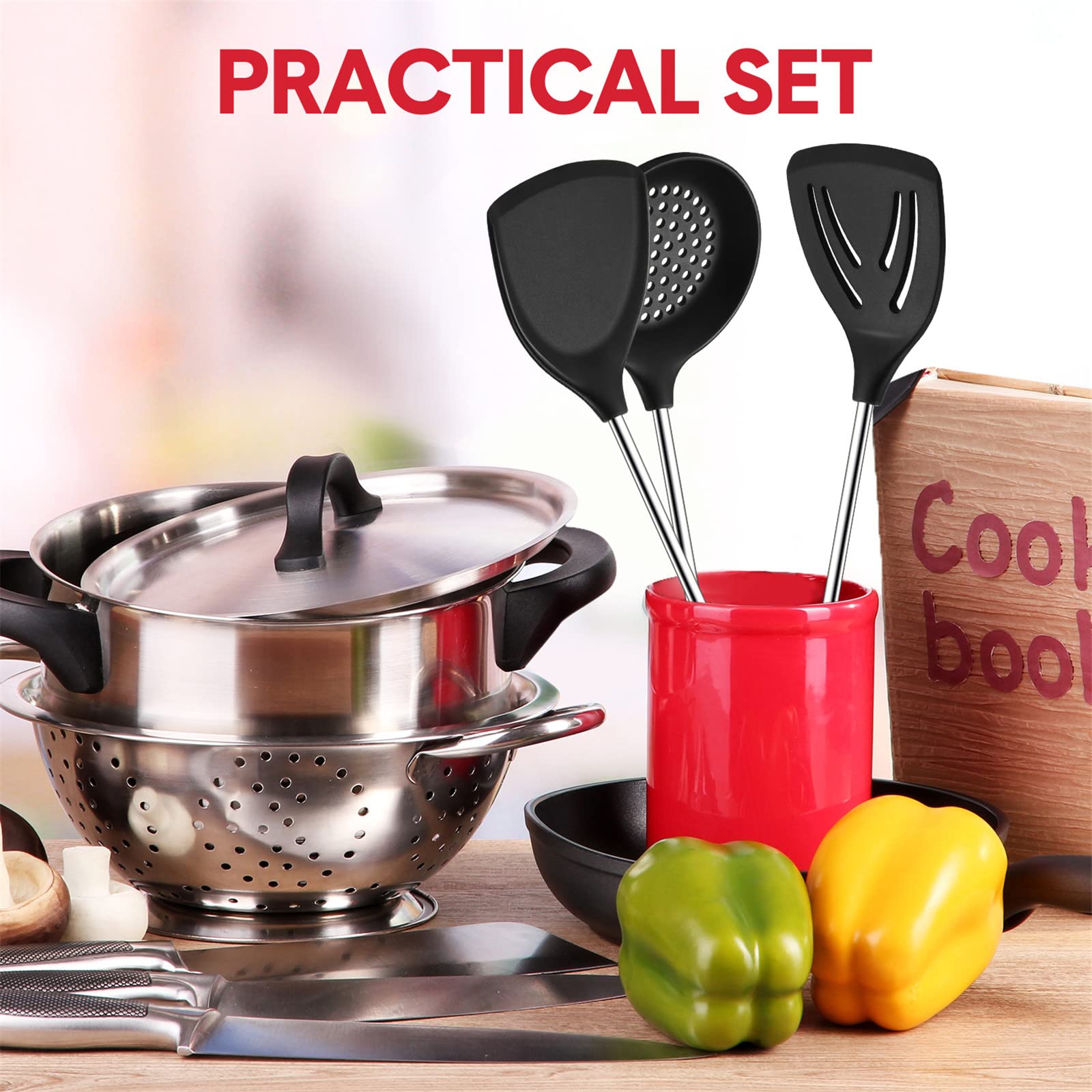 3-Piece Silicone Stainless Steel Spatula Set - Flexible Wok Turner, Slotted Spatula & Skimmer Spoon for Nonstick Cookware - Perfect for Cooking, Baking, Flipping Pancakes & Stirring Sauces