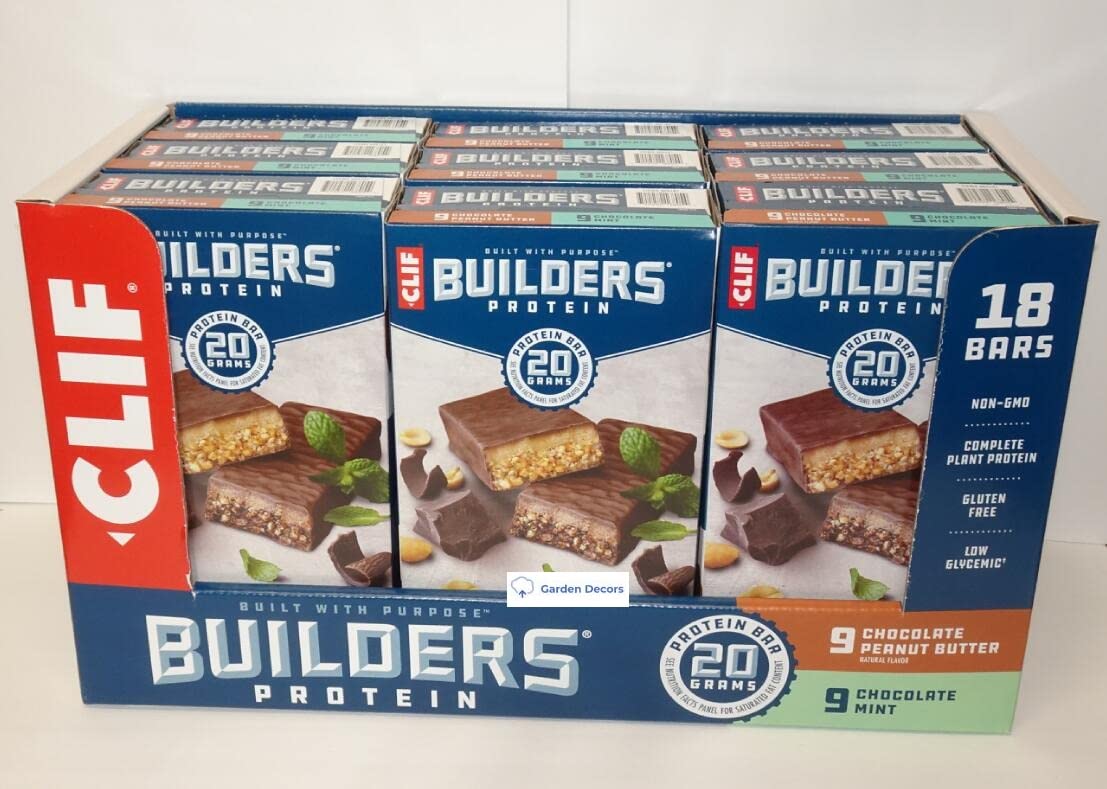 Clif Builders Protein Bars - 18 Bars Box (9 Chocolate Mint & 9 Chocolate Peanut Butter) 43.20oz 1.22kg - High Protein Snack for Energy, Workout Recovery & On-the-Go Nutrition - Perfect for Gym, Hiking, Travel & Office Snacks