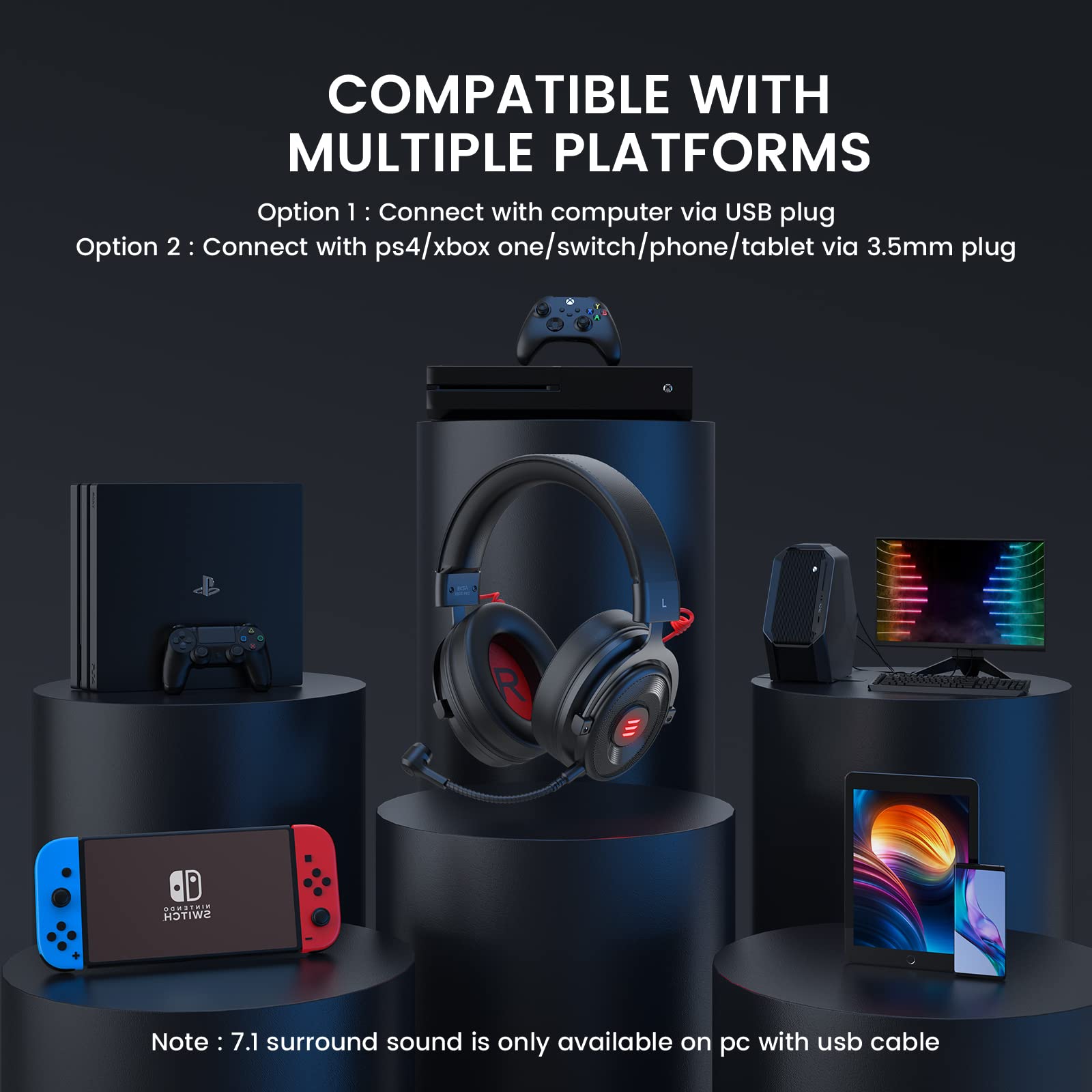 EKSA E900 Pro USB Gaming Headset with Detachable Noise Cancelling Mic - 7.1 Surround Sound, 50MM Drivers for PC, PS4, PS5, Xbox One, Laptop - Perfect for Gaming, Streaming, Online Meetings & Office Work