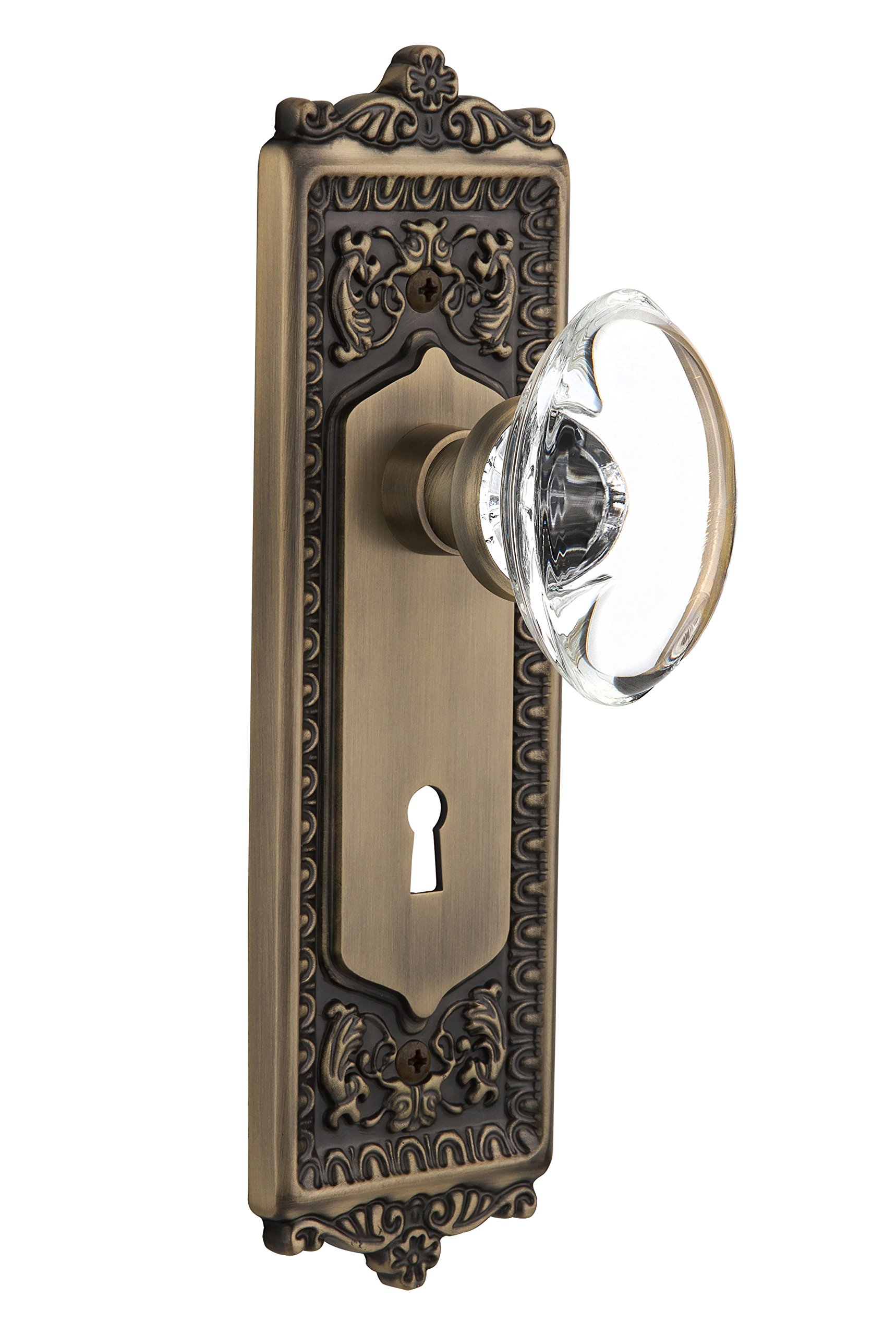 Antique Brass Egg & Dart Plate with Keyhole Oval Clear Crystal Glass Knob - Nostalgic Warehouse 711718, 2.25
