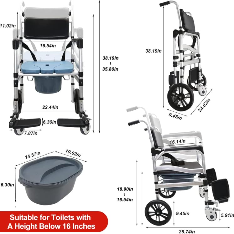 **Aluminum Alloy Foldable Shower Chair with Wheels - 4-in-1 Height Adjustable Rolling Shower Wheelchair for Seniors, Sturdy Commode Seat for Elderly & Disabled (Black) - Ideal for Bathroom Safety & Mobility Assistance**