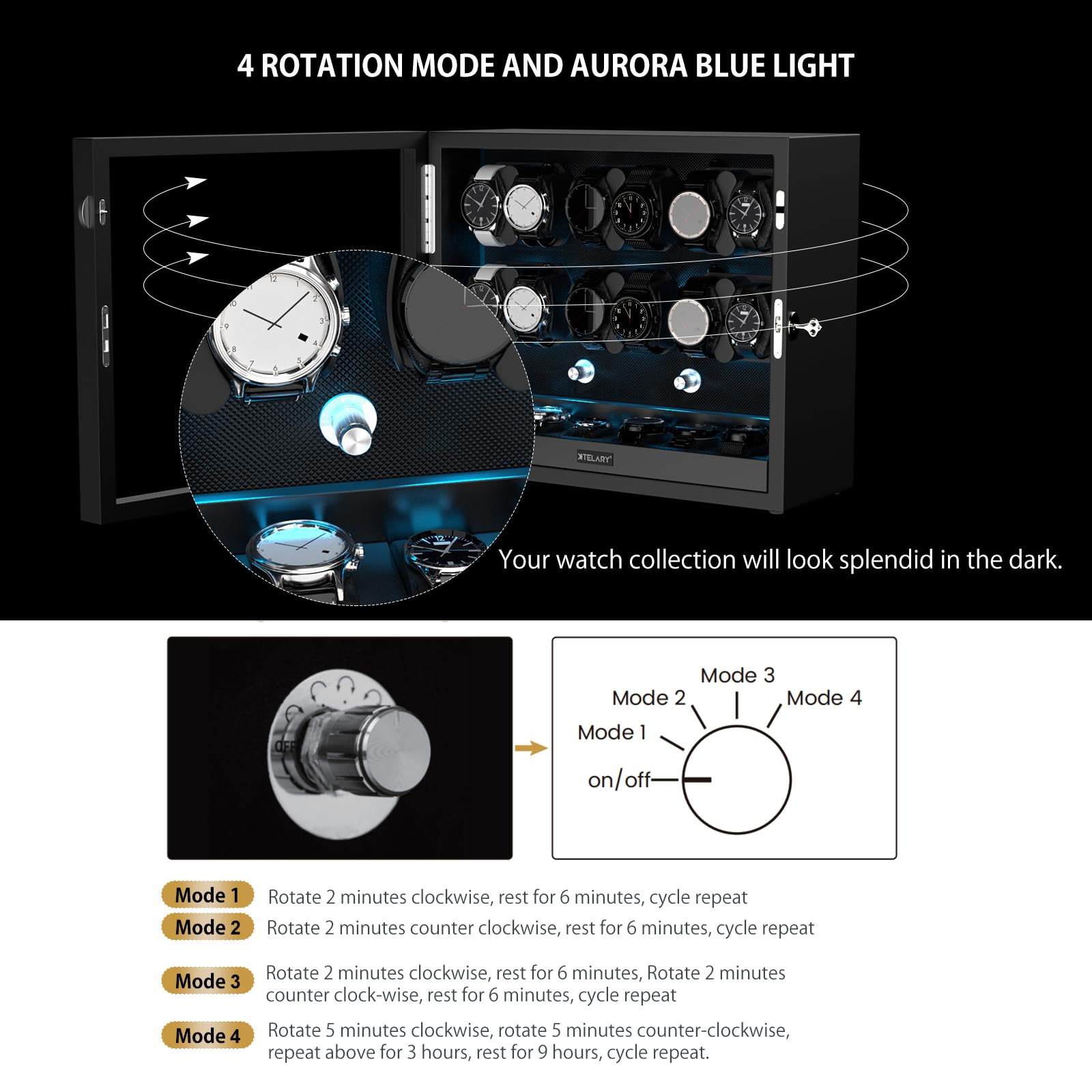 XTELARY Lockable Automatic Watch Winder for 4/6/8/12 Watches - 4 Rotation Modes with Quiet Motor & LED Backlight | Perfect for Watch Collectors, Luxury Timepiece Storage & Travel Protection