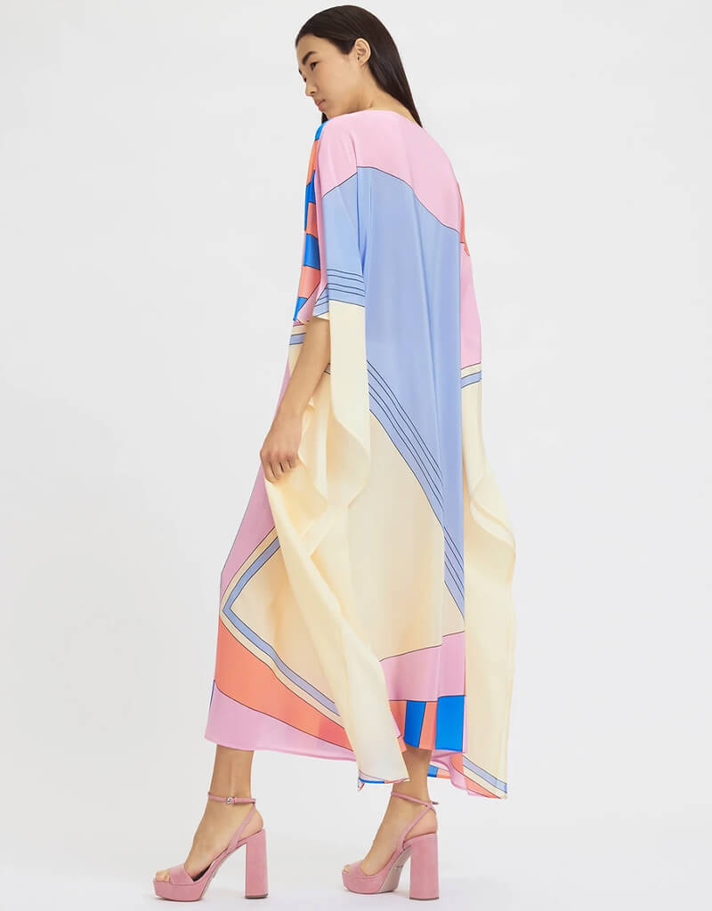 Luxury Soft Silk Crepe Kaftan Dress for Women - Elegant Beige & Violet Flowy Maxi Cover Up - Perfect for Beach, Vacation, and Summer Evenings