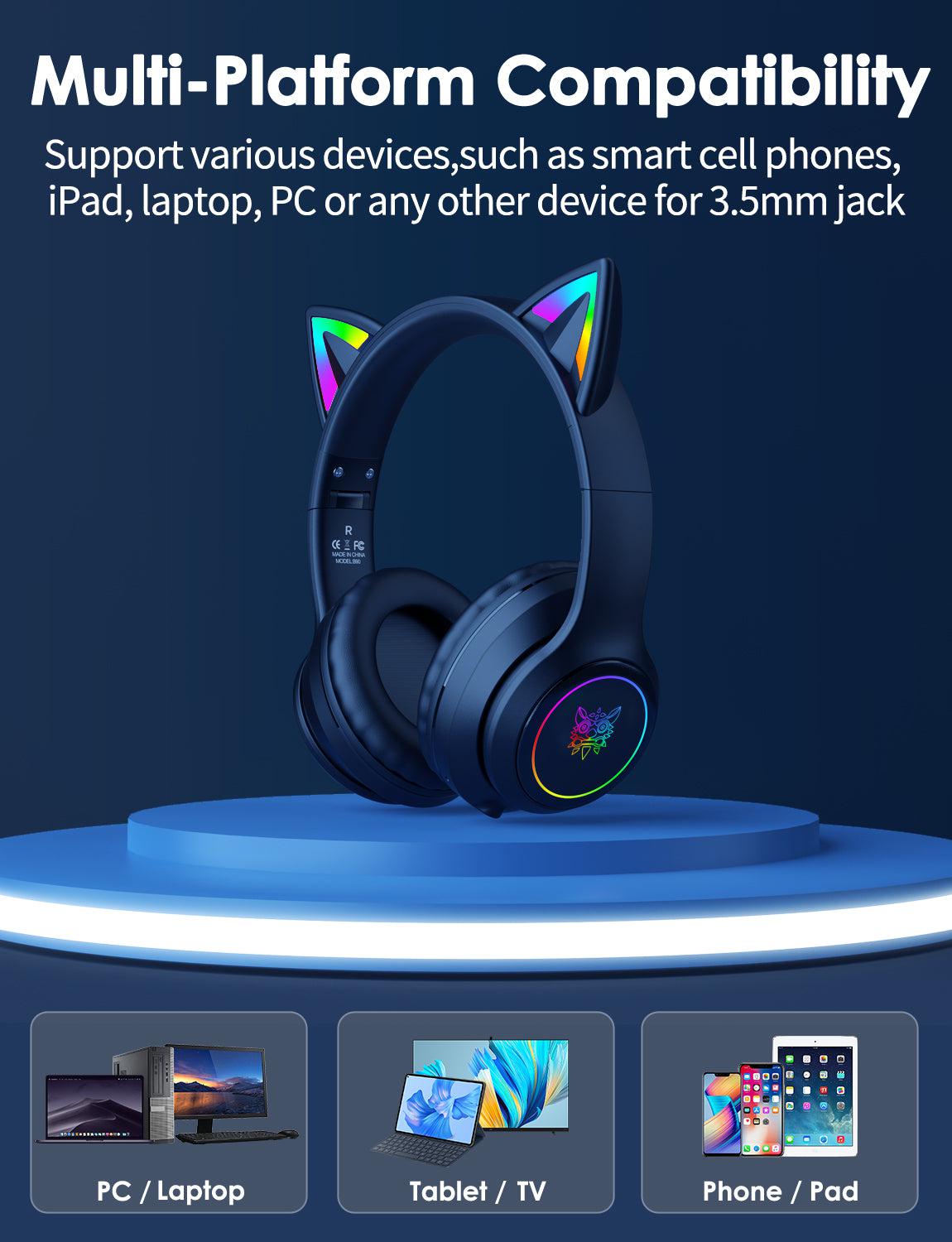Onikuma B90 RGB Cat Ear Bluetooth 5.0 Wireless Gaming Headset with Microphone - Lightweight Over-Ear Headphones for PC, PS4, Xbox, Mobile Gaming - Perfect for Streaming, Esports & Late-Night Gaming Sessions