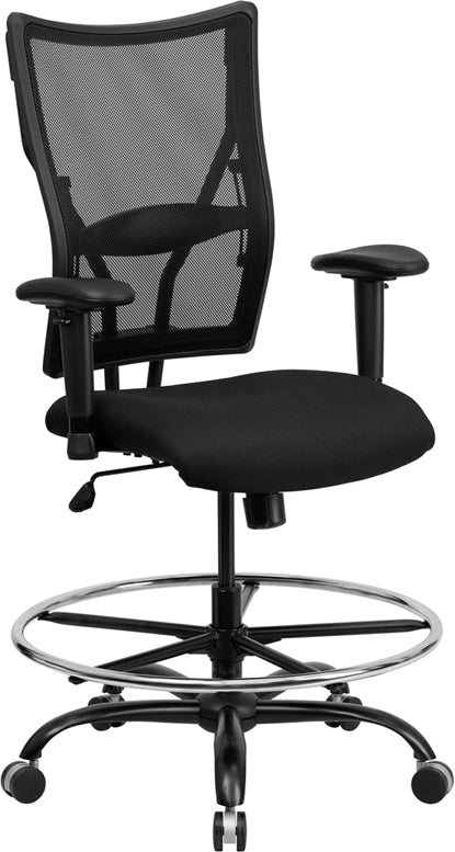FLASH HERCULES Series Big & Tall 400 lb. Capacity Black Mesh Ergonomic Drafting Chair with Adjustable Arms - Perfect for Office, Gaming, and Home Workspaces