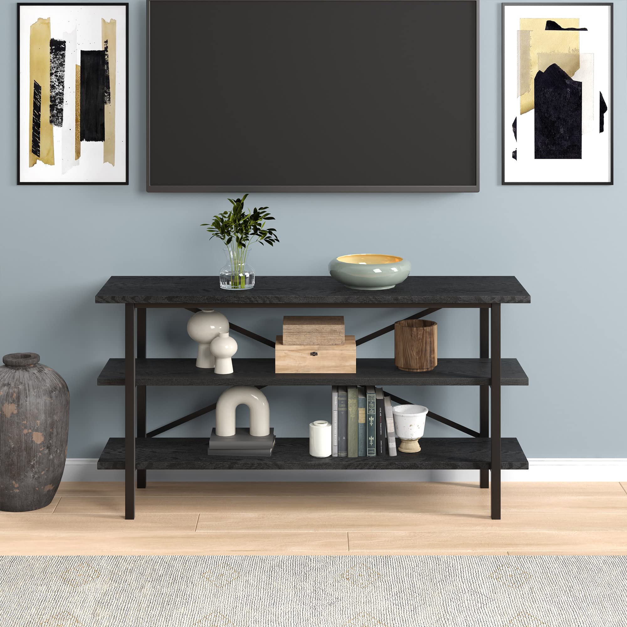 Holloway 65 Inch TV Stand - Modern Rectangular Entertainment Center with Black Wood Grain Finish for Living Room, Bedroom & Home Theater