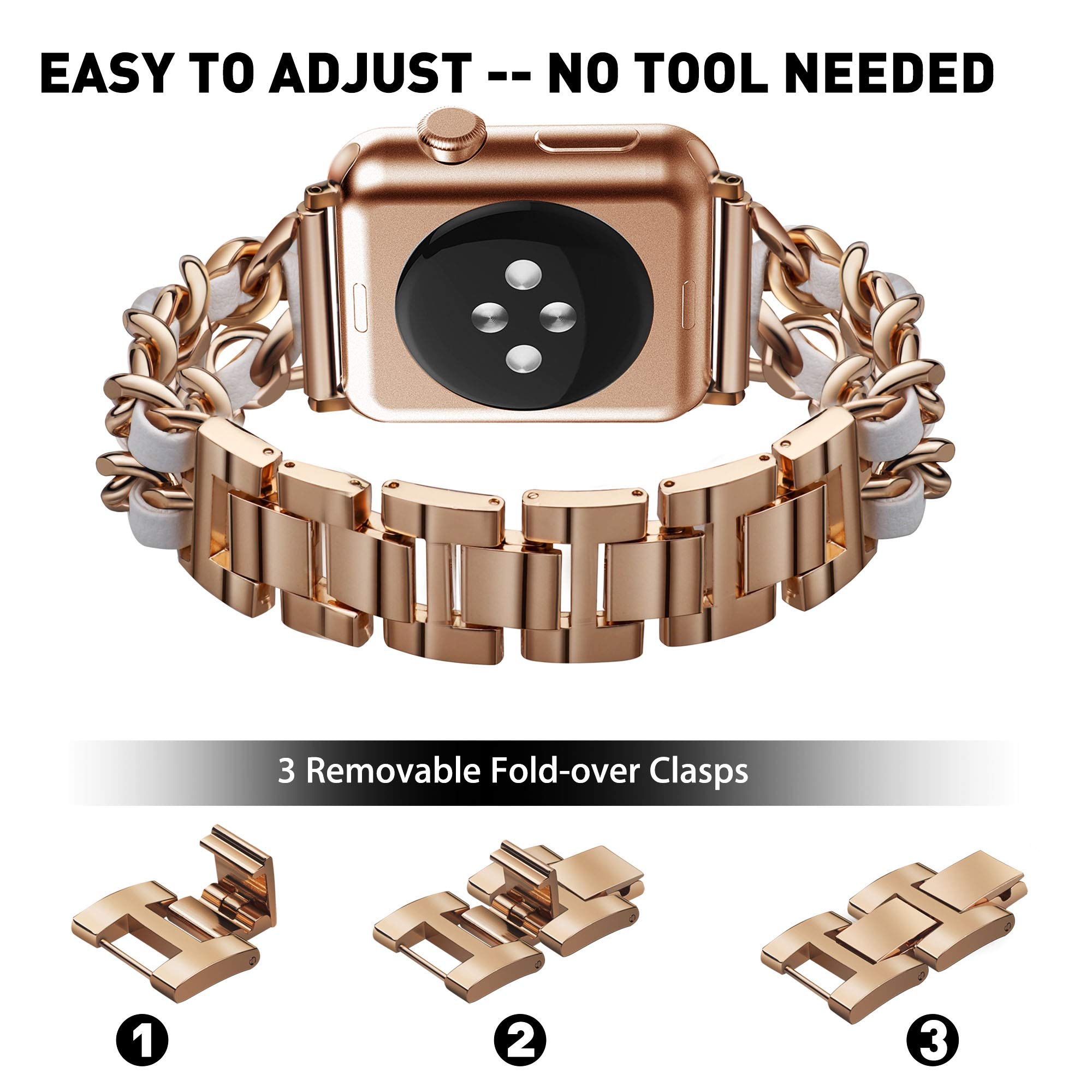 Elegant Rose Gold Metal Band with White Leather Strap for Apple Watch 40mm - Compatible with Series SE/6/5/4, Includes 2-Pack Screen Protectors & Bling Case Cover - Perfect for Women's Fashion, Jewelry Bracelets & Everyday Wear
