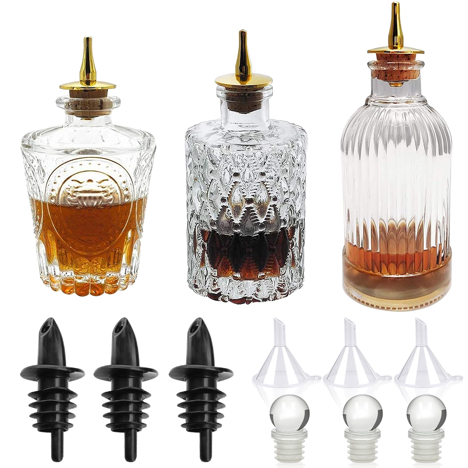 LINALL Bitters Bottle Set - 3 Pack Vintage Glass Dasher Bottles with Dash Top for Cocktail Making, Home Bar Decor & Bartender Accessories | Perfect for Mixing Cocktails, Crafting Drinks & Bar Display