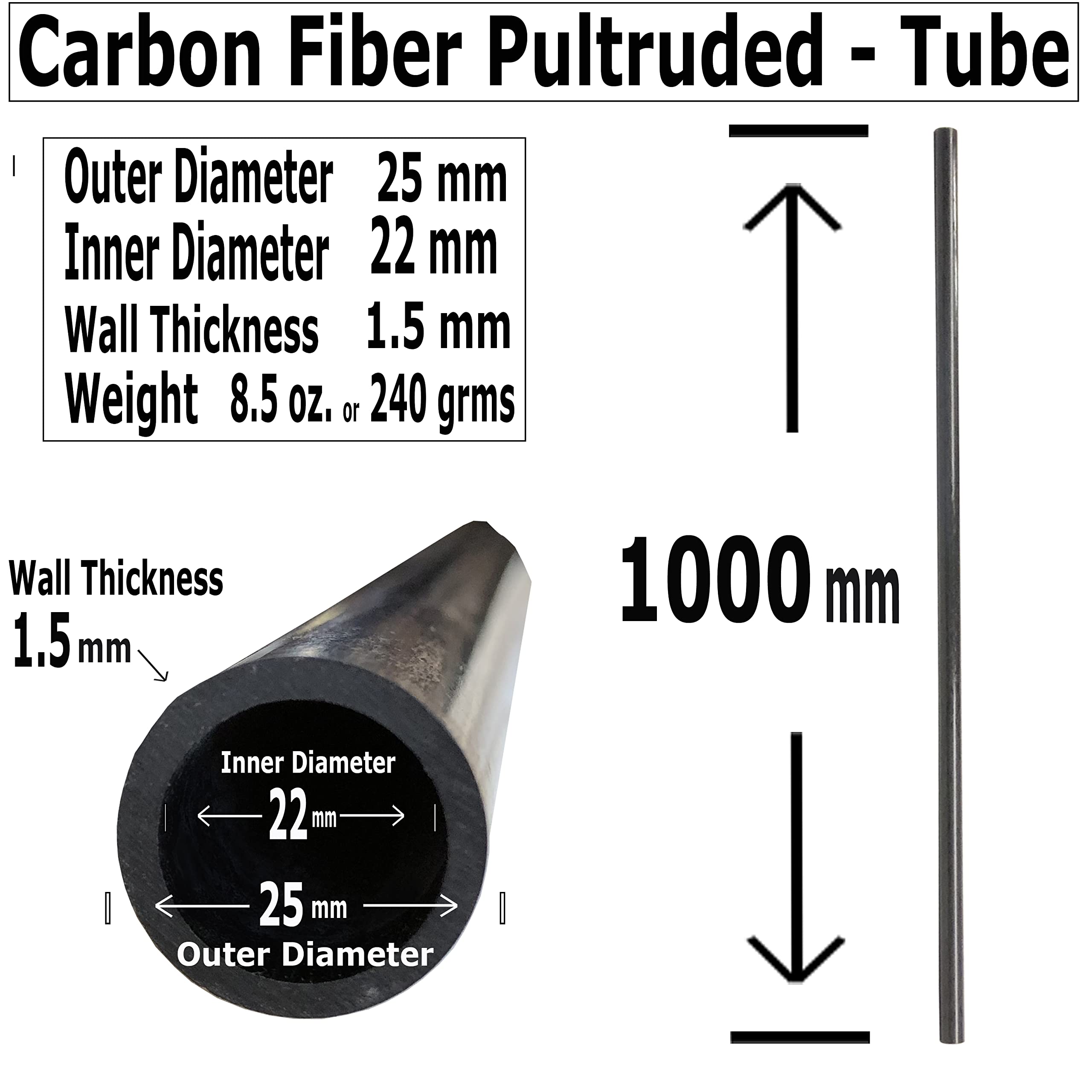 25mm x 22mm x 1000mm Carbon Fiber Tube - Pultruded Round Hollow Carbon Fiber Rods with Black Matte Finish - High-Strength Lightweight Carbon Fiber Shafts for RC Planes, Drones, Boat Building and DIY Craft Projects - Perfect for Aerospace, Automotive and Industrial Applications