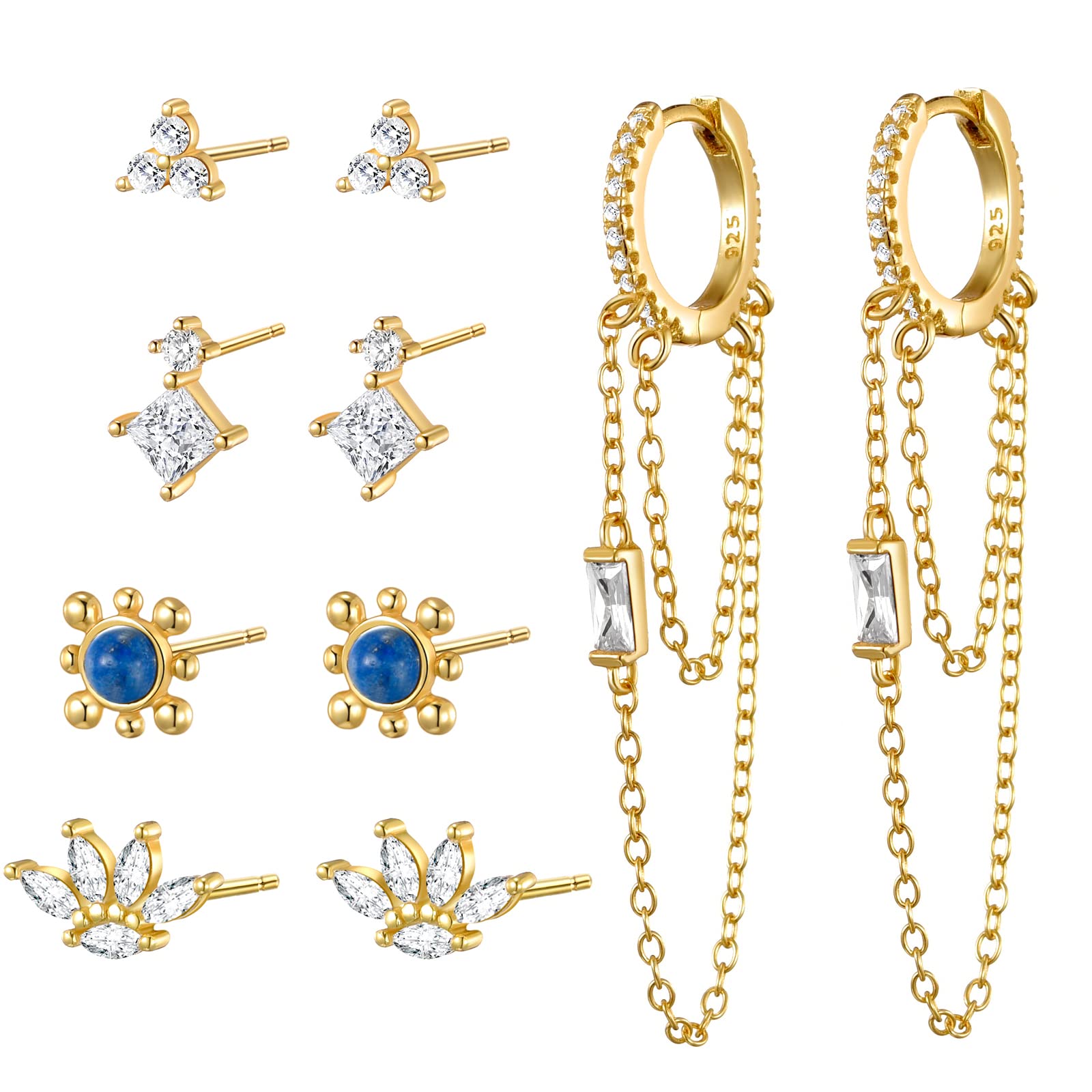 2/5 Pairs 14K Gold Plated Sterling Silver Stud Earrings for Women - Hypoallergenic Multipack Earring Set with Dangle Chain Designs - Perfect for Daily Wear, Parties & Gifts