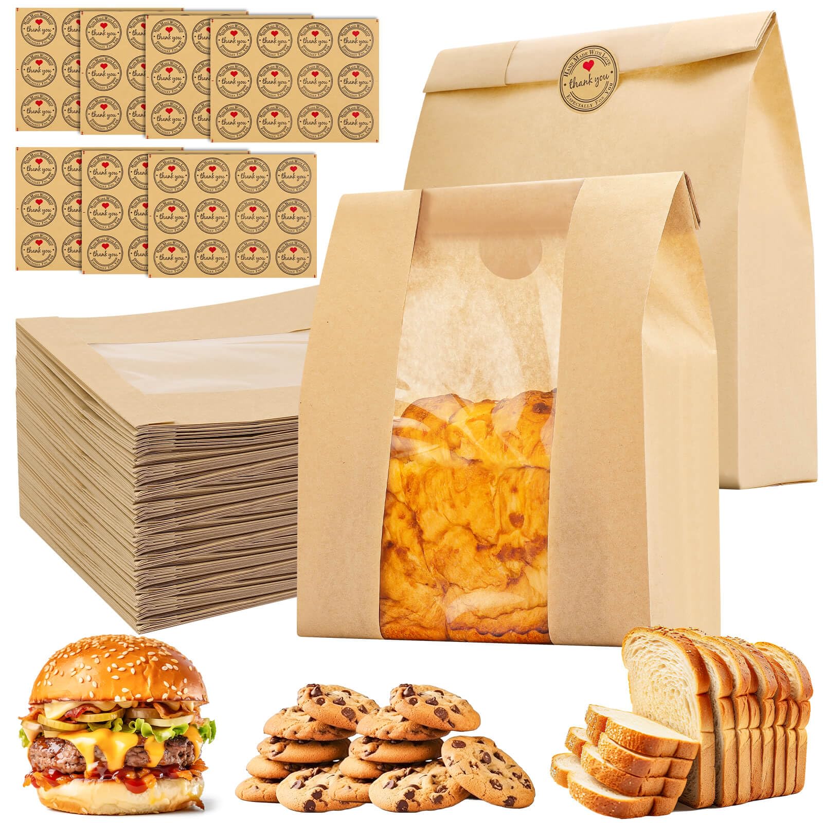 40-Pack Clear Window Paper Bread Bags for Homemade & Sourdough Bread | Eco-Friendly Bakery Packaging with Seal Stickers | Perfect for Cookies, Treats & Gift Giving (Bakery, Farmers Market, Home Baking)