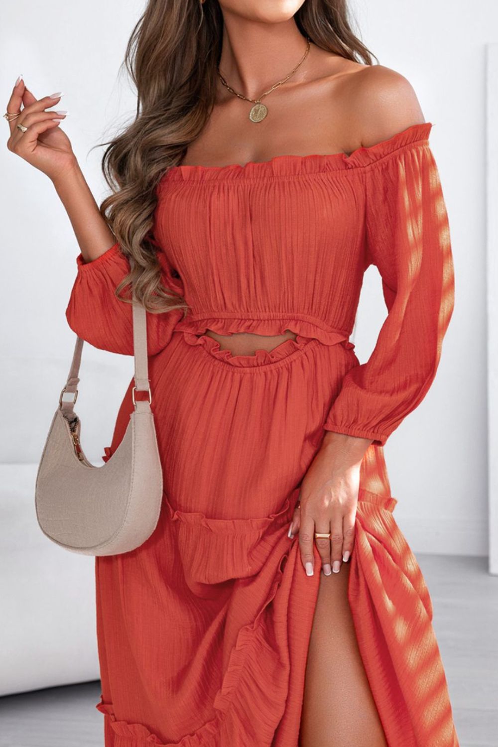 Orange Red Off Shoulder Maxi Resort Dress - Flowy Beach Cover Up, Summer Vacation Outfit for Women, Perfect for Pool Parties & Tropical Getaways