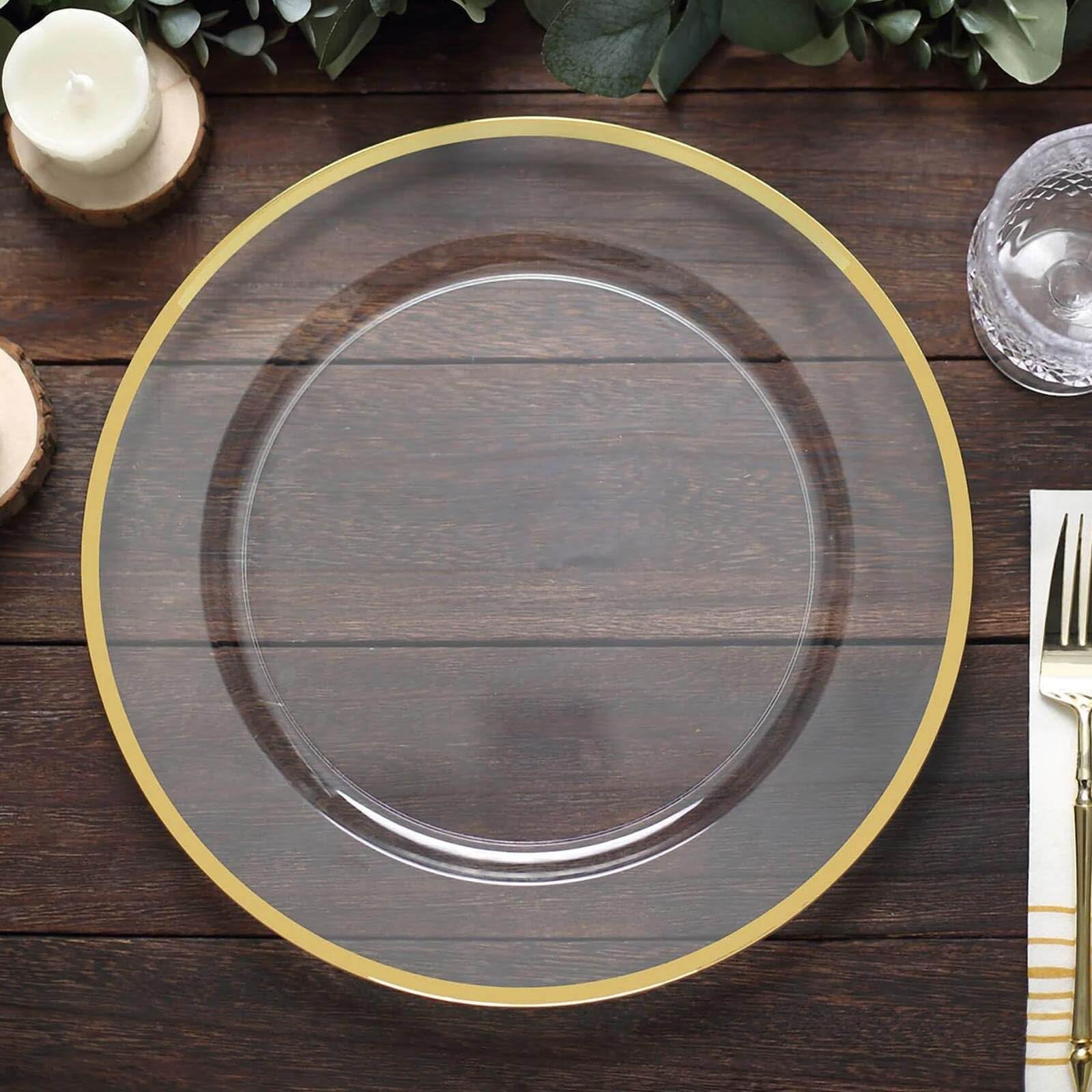 Efavormart 10 Pack 12 Inch Gold Rim Clear Heavy Duty Plastic Serving Trays - Disposable Charger Plates for Weddings, Parties & Catering - Elegant Tableware for Buffet, Dessert & Appetizer Serving