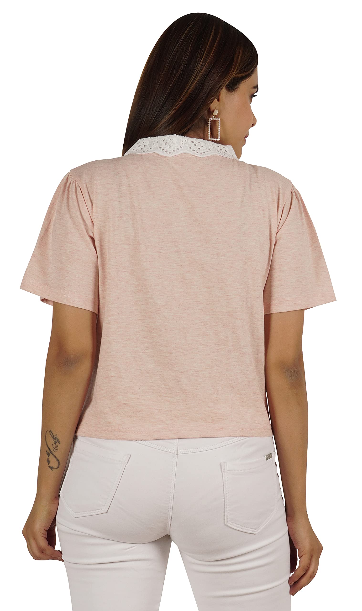 Women's Peter Pan Lace Collar Casual T-Shirt - Soft Jersey Short Sleeve Top for Everyday Wear | Perfect for Office, Dating & Weekend Outfits