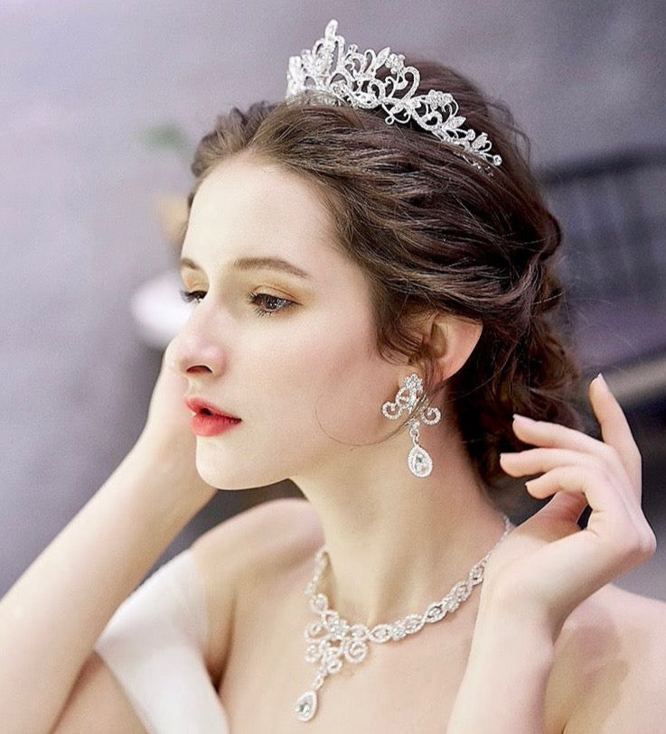 Alyona Sterling Silver Cubic Zirconia 3-Piece Bridal Jewelry Set with Tiara - Perfect for Weddings, Prom & Formal Events