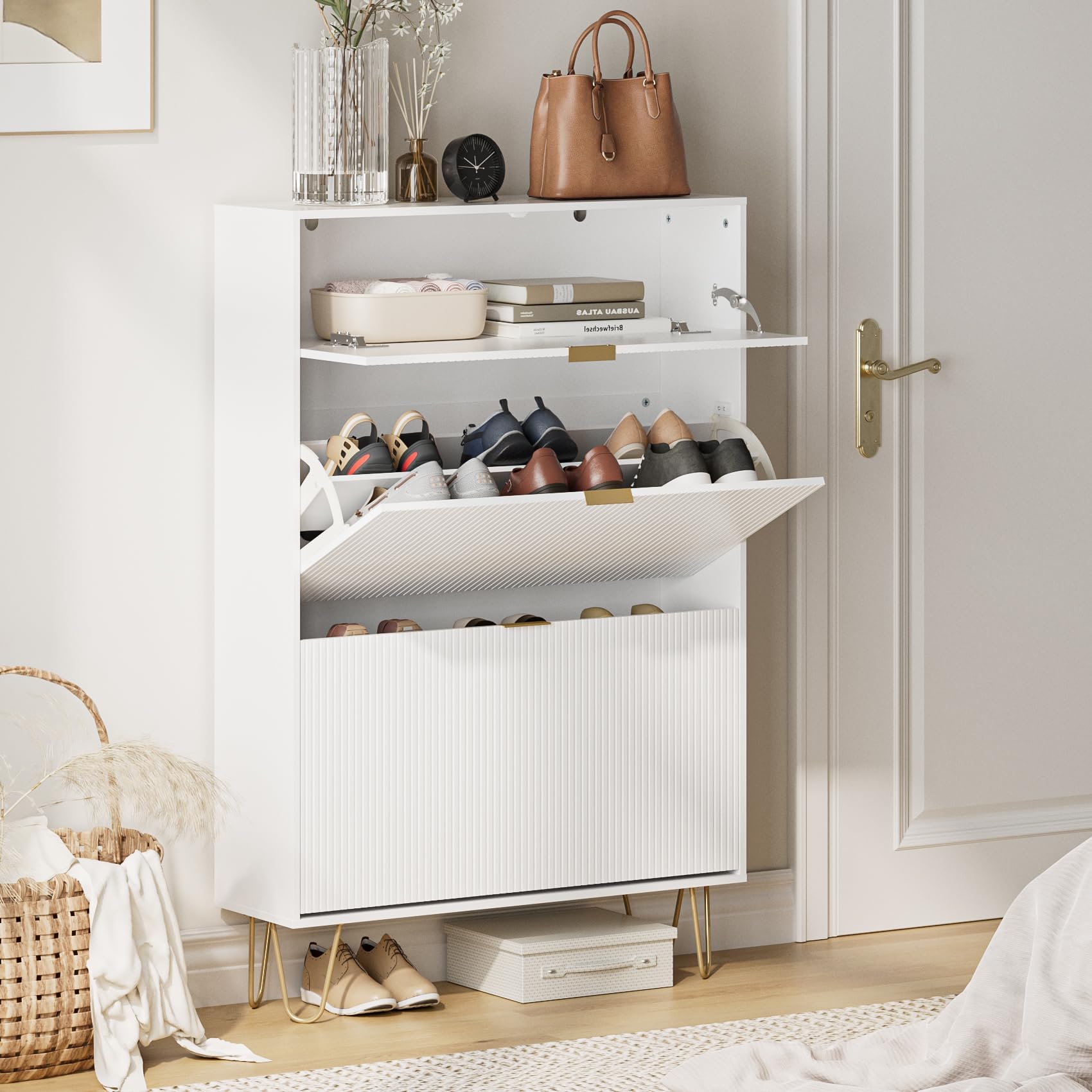 White Vertical Shoe Storage Cabinet with 2 Flip Drawers - Freestanding Narrow Shoe Rack Organizer for Entryway, Hallway & Closet - Space Saving Shoe Cabinet for Home Organization