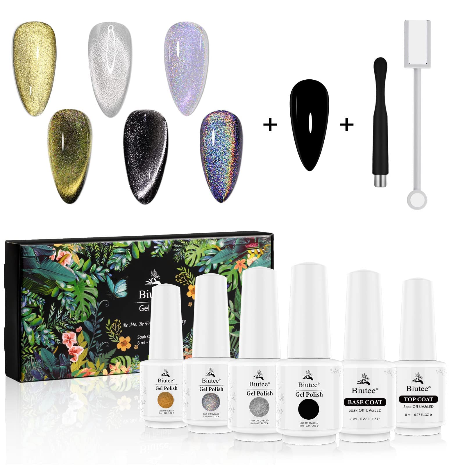 Biutee 9D Holographic Glitter Magnetic Cat Eye Gel Nail Polish Kit - 6 Colors UV Soak Off Gel Polish for DIY Nail Art | Home & Salon Use, Party & Special Occasion Nails