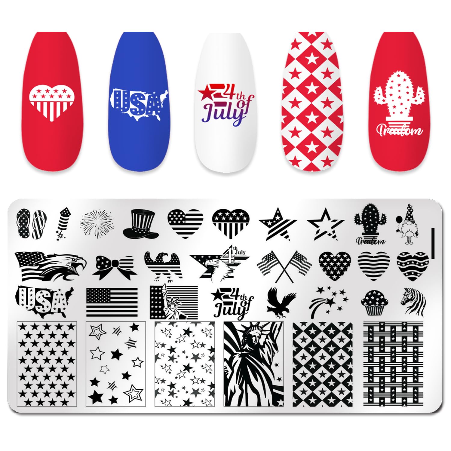 WOKOTO 6Pcs Independence Day Nail Stamping Plates Kit - American Flag & Stars Nail Art Design Stamp Plates for Women, DIY 4th of July Manicure - Perfect for Patriotic Holidays, Summer Nail Art & Party Nail Designs